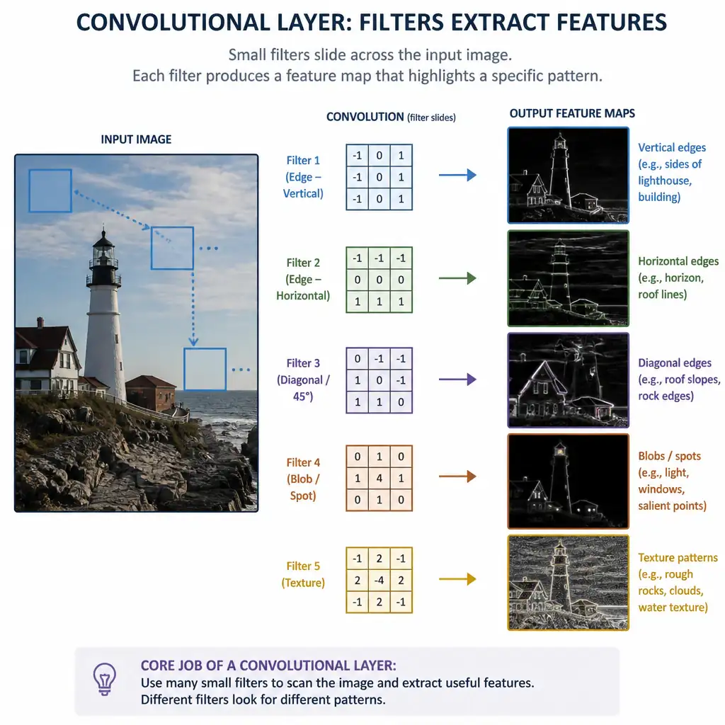 An input image passing through a convolutional layer where several small filter squares slide across it, each producing a separate feature map highlighting a different detected pattern (edges, curves, textures), visually emphasizing 'filters extract features' as the layer's core job.