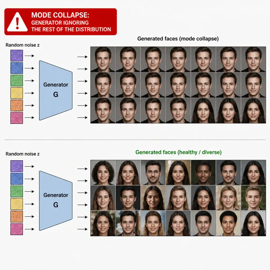 A generator network producing a grid of faces where nearly every output looks like the same one or two faces despite different random noise vectors fed in, with a red warning label 'mode collapse: generator ignoring the rest of the distribution', contrasted against a healthy grid of diverse generated faces.