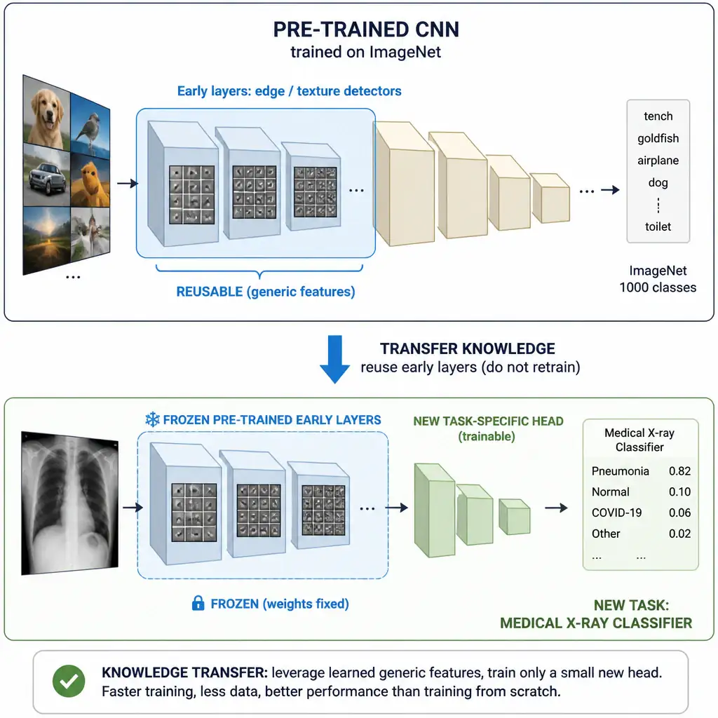 A pre-trained CNN icon labeled 'trained on ImageNet' with its early layers (edge/texture detectors) highlighted as reusable, an arrow showing those frozen layers being connected to a new small task-specific head labeled 'new task: medical X-ray classifier', illustrating knowledge transfer rather than training from zero.