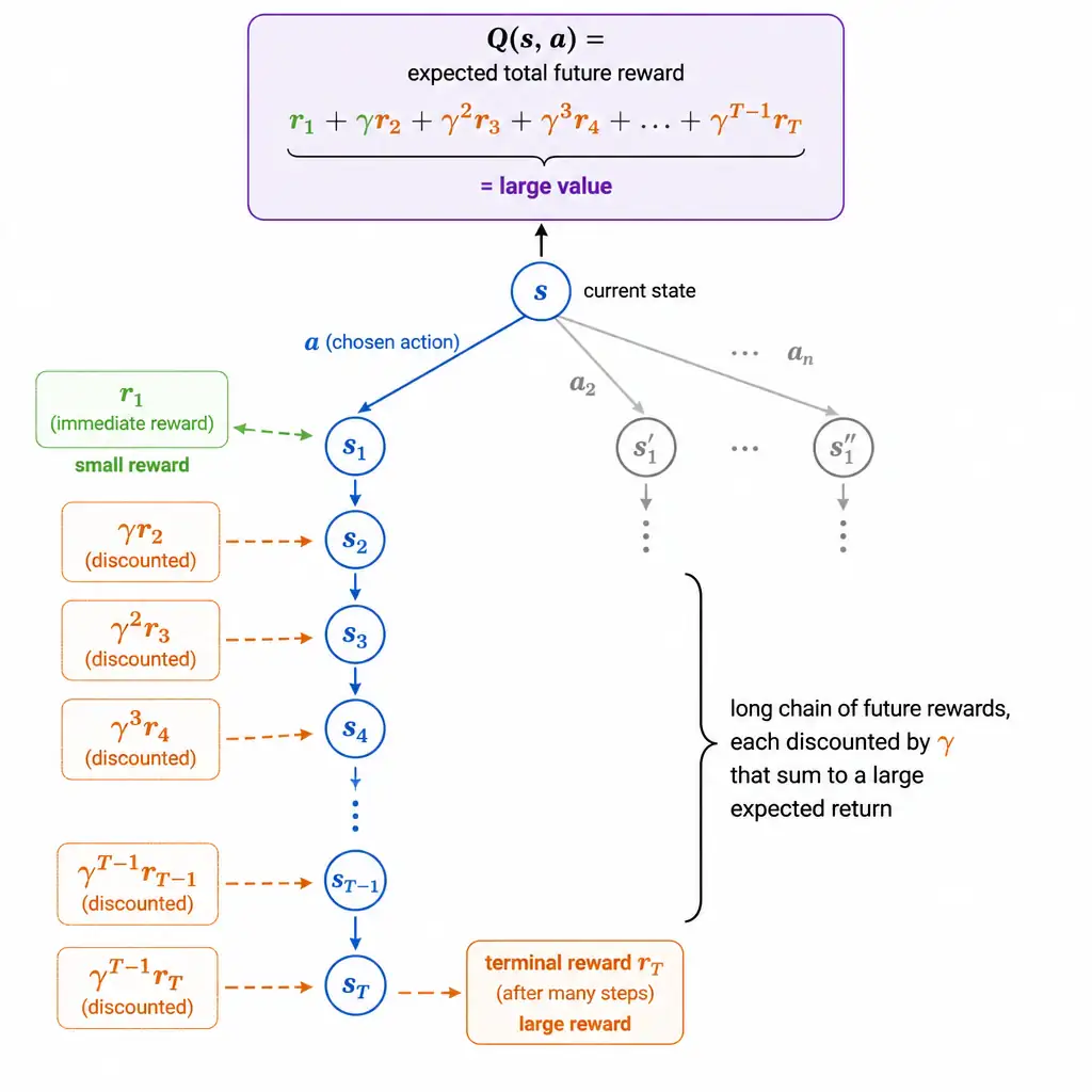 A branching decision tree from a current state showing an immediate small reward for the first action, followed by a long chain of subsequent discounted rewards summing up into one large labeled 'Q(s,a) = expected total future reward' value at the root.