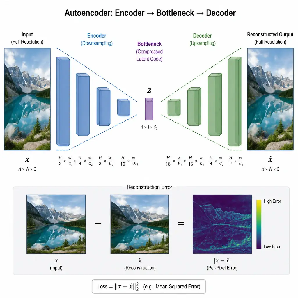 A classic autoencoder hourglass diagram: a full-resolution input image funneling down through an encoder into a narrow bottleneck (compressed latent code), then expanding back out through a decoder into a reconstructed output image, with a reconstruction-error comparison shown between input and output.