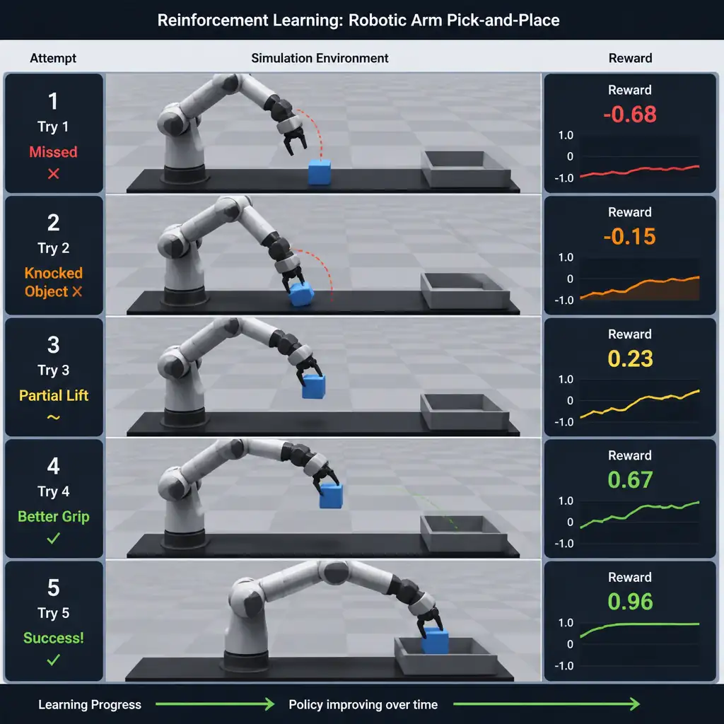 A robotic arm in a simulated environment attempting to pick up an object, shown across several trial-and-error attempts with a reward score increasing over successive tries, illustrating reinforcement learning applied to a physical control task.
