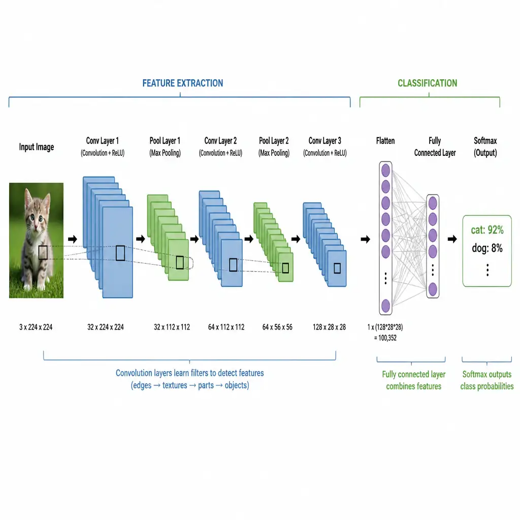 A CNN pipeline diagram showing convolutional and pooling layers progressively extracting features from an input image, followed by a flatten operation, then a fully connected layer taking that flattened feature vector and outputting a final softmax classification (e.g., 'cat: 92%, dog: 8%').