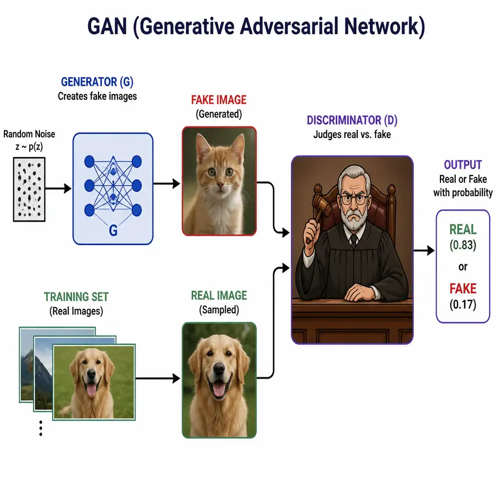 A GAN diagram showing a generator producing a fake image and a real image drawn from the training set, both being fed into a discriminator network depicted as a judge with a gavel, outputting a 'real' or 'fake' verdict with a probability score.
