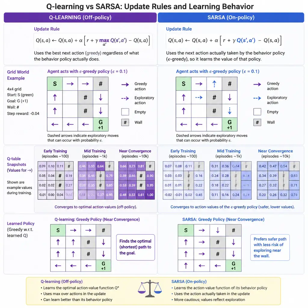 Side-by-side comparison of Q-learning and SARSA update rules, showing an agent exploring a grid world with epsilon-greedy actions while the Q-table converges toward the optimal greedy policy in the Q-learning branch