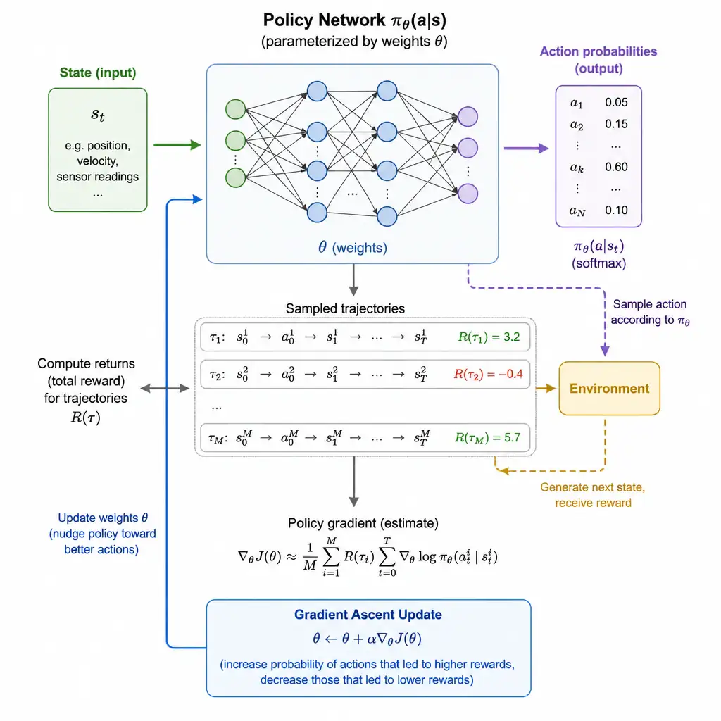 Diagram showing a neural network policy taking a state as input and outputting action probabilities, with an arrow showing gradient ascent nudging network weights toward actions that produced higher rewards across sampled trajectories