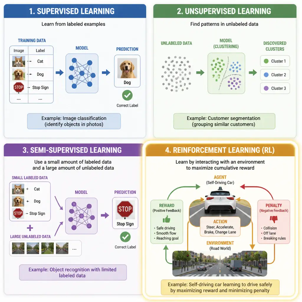 Four quadrant comparison of supervised, unsupervised, and reinforcement learning examples, with a self-driving car agent shown receiving reward/penalty feedback loops from a road environment as the highlighted RL case