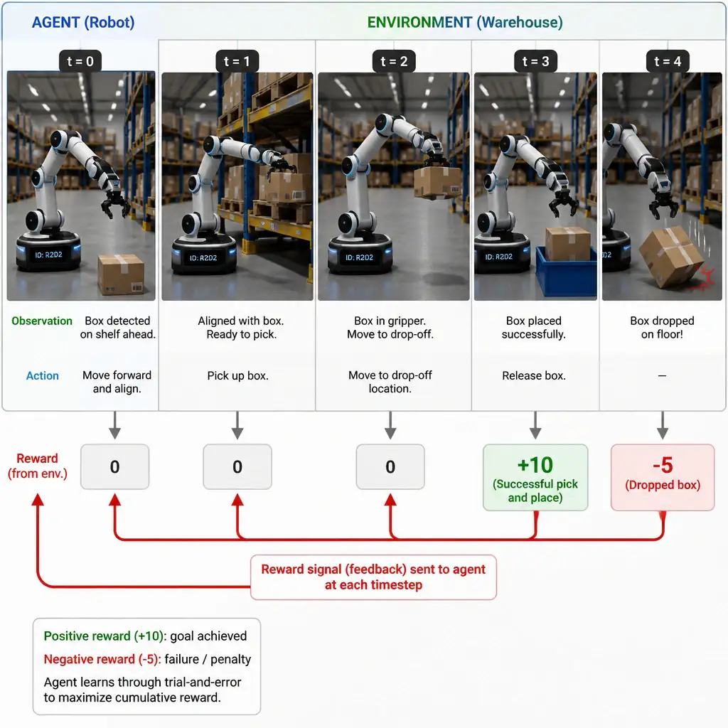 Warehouse robot picking boxes, with a reward signal readout (+10 for successful pick, -5 for dropped box) shown flowing back from the environment to the agent at each timestep, illustrating trial-and-error feedback