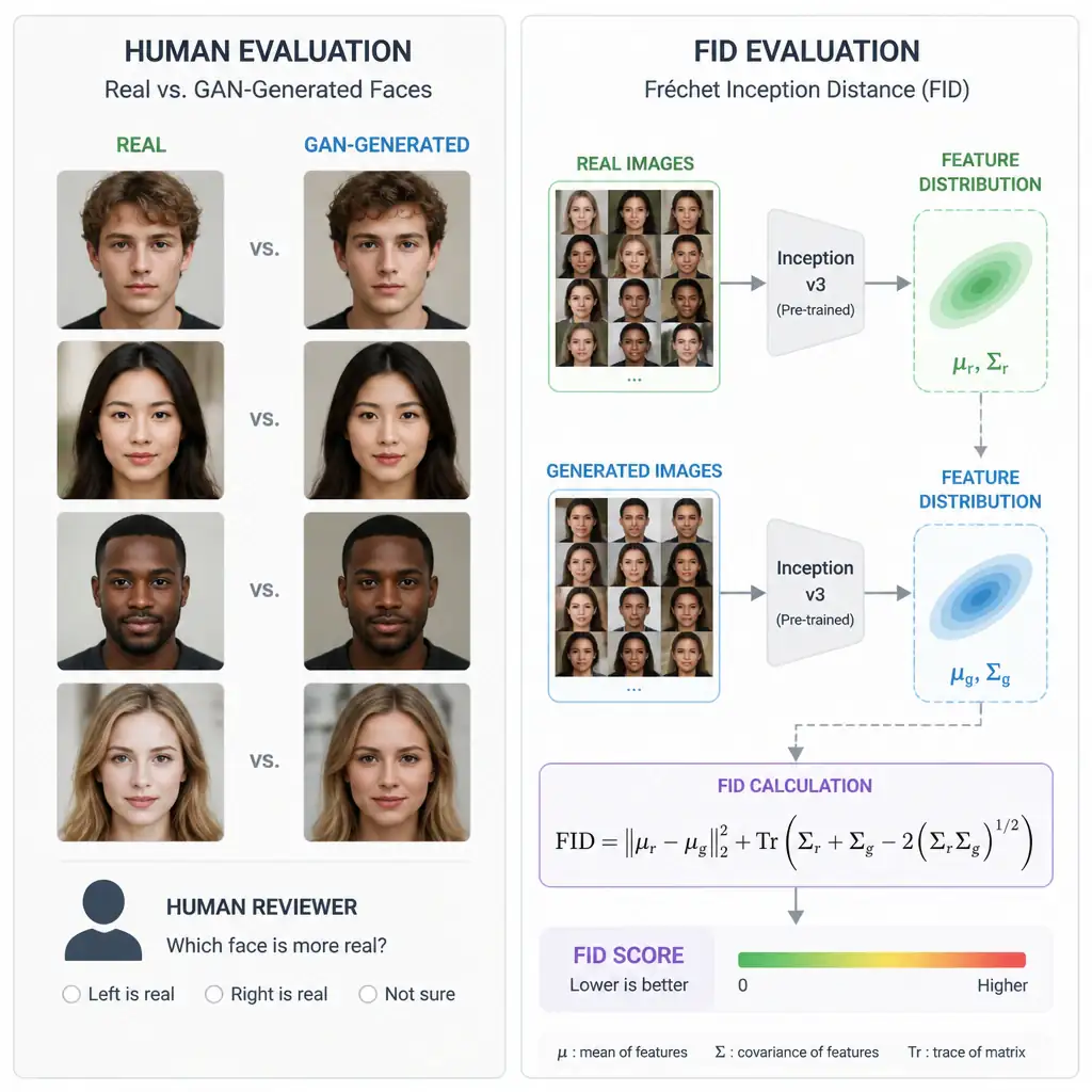 Side-by-side grid of real versus GAN-generated faces being evaluated, with a human reviewer icon on one side and a Fréchet Inception Distance calculation comparing feature statistics of real vs generated image distributions on the other
