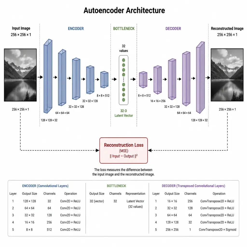 Autoencoder architecture diagram: a 256x256 image narrowing through encoder layers to a 32-value bottleneck, then widening back through decoder layers to a reconstructed 256x256 image, with reconstruction loss comparing input and output