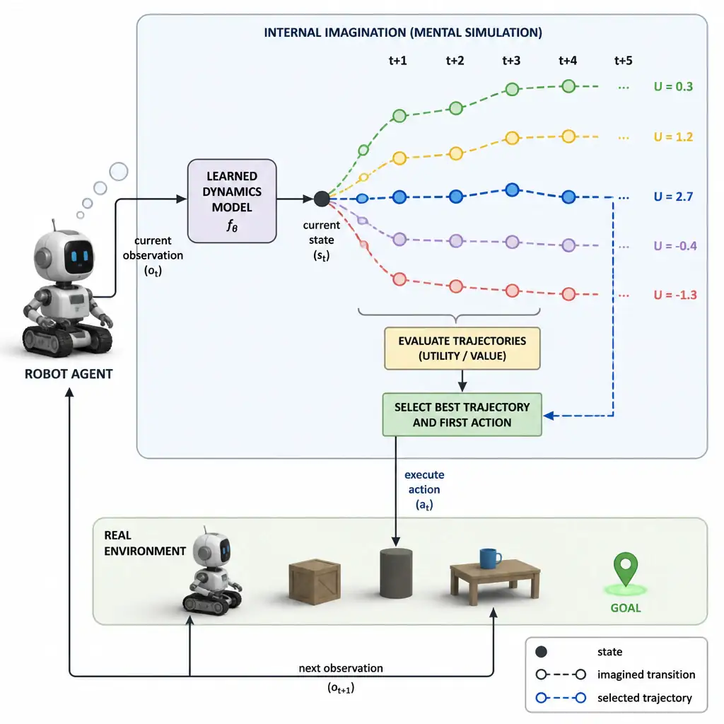 Robot agent with an internal learned dynamics model box, simulating several imagined future trajectories branching out from the current state before selecting and executing one action in the real environment