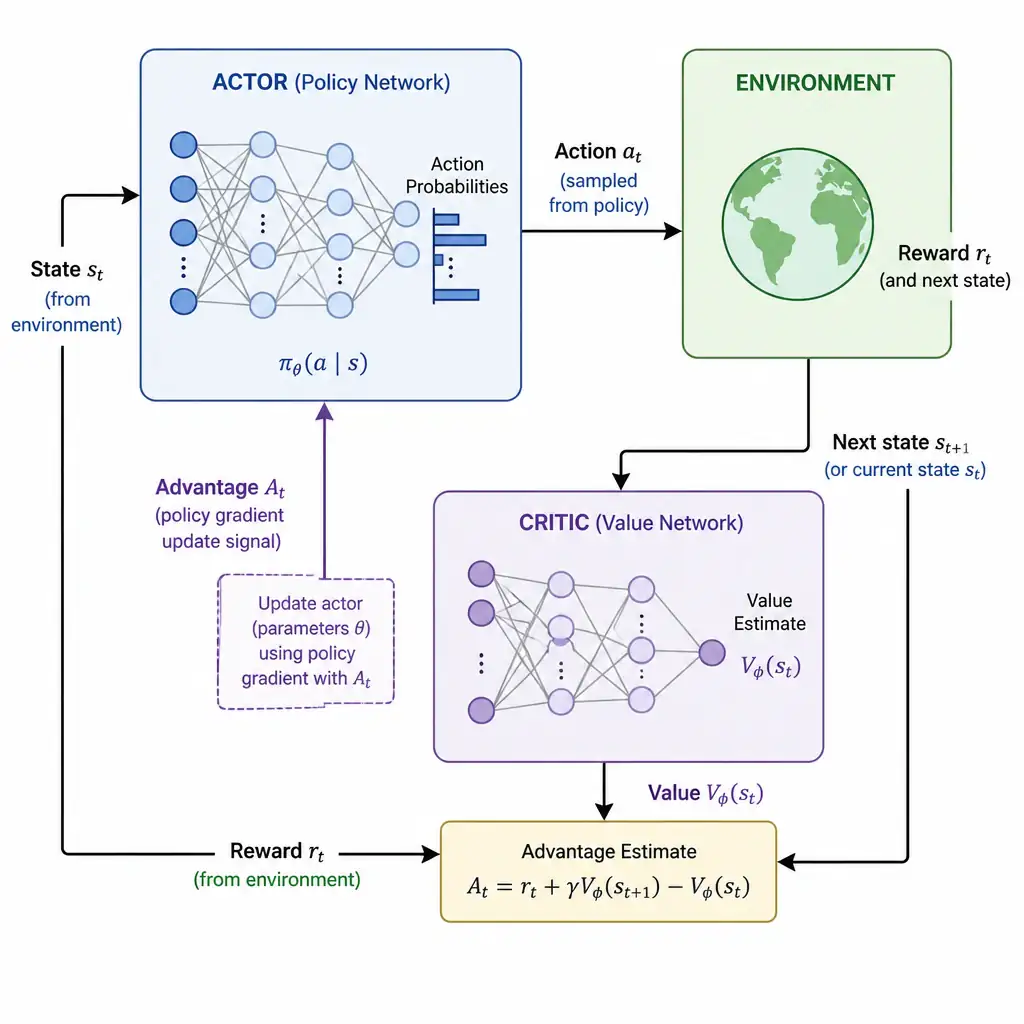 Actor-critic diagram showing an actor network selecting actions to send to the environment, and a separate critic network receiving the resulting state to estimate a value function, sending an advantage signal back to update the actor