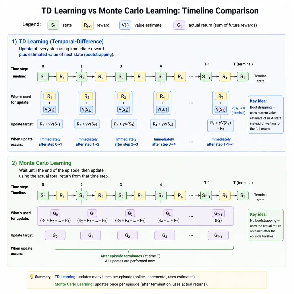 Timeline comparing TD learning (single-step update using reward plus estimated next-state value, bootstrapping) versus Monte Carlo learning (waiting for full episode completion before updating using actual total return)