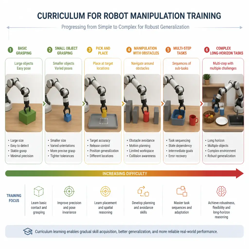 Progression diagram showing a robotic arm training on progressively harder manipulation tasks, from simple large-object grasping to complex multi-step tasks with obstacles, arranged left to right as a curriculum timeline