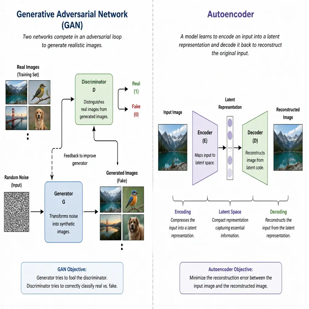 Split diagram: left side shows a GAN with generator and discriminator in an adversarial loop producing new synthetic images from noise; right side shows an autoencoder's encoder-decoder pipeline reconstructing a specific input image