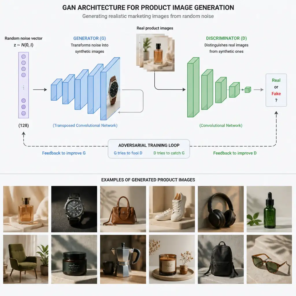 GAN architecture generating novel product photos from random noise vectors, showing generator and discriminator networks in an adversarial loop, producing a gallery of realistic synthetic marketing images in varied settings