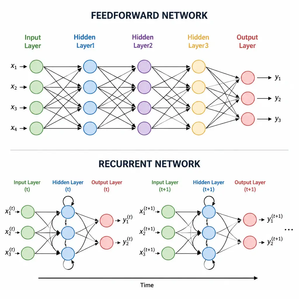Layered diagram of a feedforward network showing an input layer, three hidden layers, and an output layer, with arrows flowing strictly left to right with no backward loops, contrasted with a recurrent network showing a looping connection