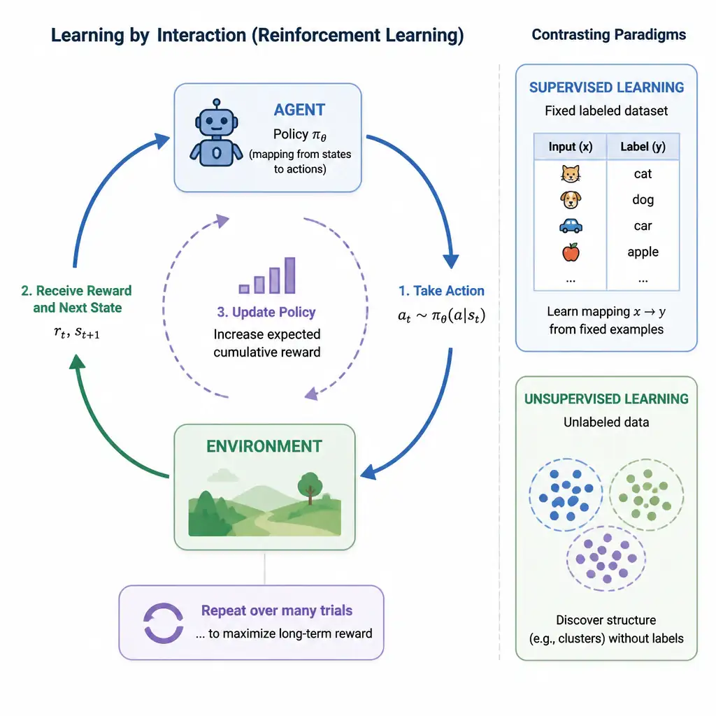 Central loop diagram of an agent taking actions, receiving reward signals, and updating its policy over repeated trials, with a small comparison callout showing supervised learning's fixed labeled dataset and unsupervised learning's unlabeled clustering as contrasting paradigms