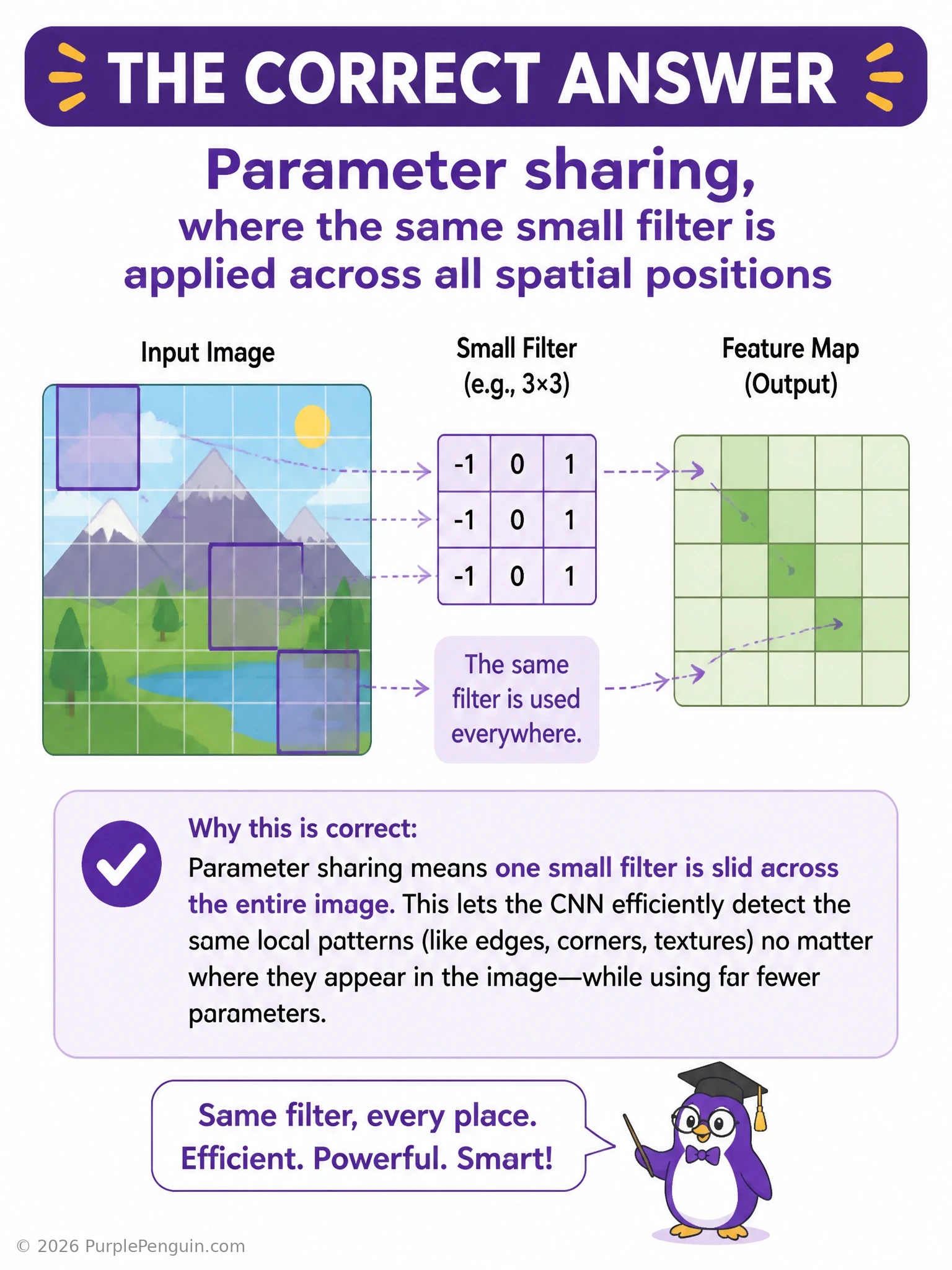 Diagram of a single small filter sliding across every position of an image grid while reusing the same weights, contrasted with a fully connected web of unique connections, a recurrent row-to-row hidden state arrow, and a crossed-out random-reinitialization icon.