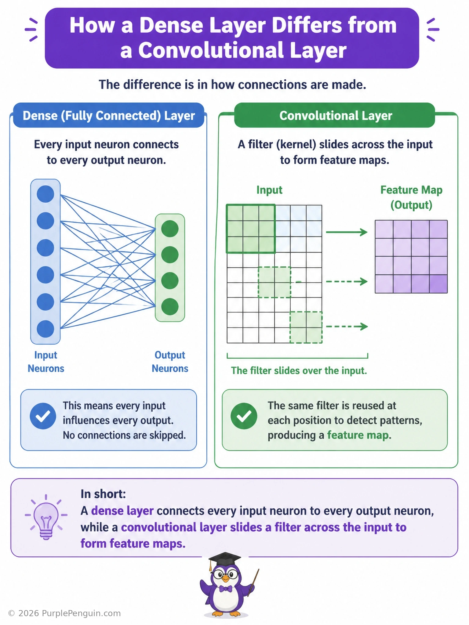 Side-by-side diagram of a dense layer with every input neuron wired to every output neuron versus a convolutional layer with one small filter sliding across the input to produce a feature map, labeling the parameter-count contrast between the two.