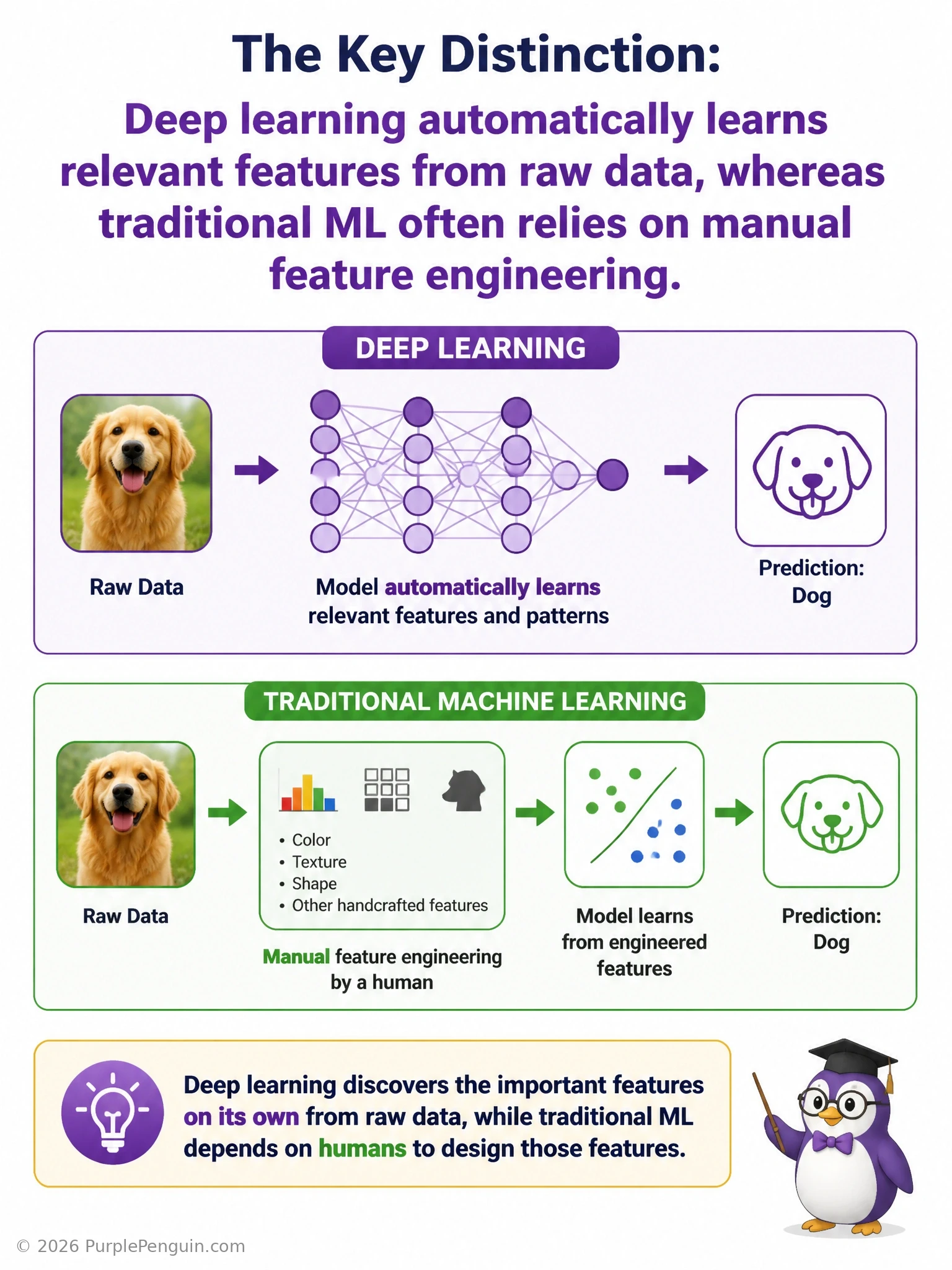 Diagram contrasting a traditional ML pipeline where a human hand-engineers features before a simple model classifies them, against a deep learning pipeline where raw data flows directly into layered networks that learn their own hierarchy of features.