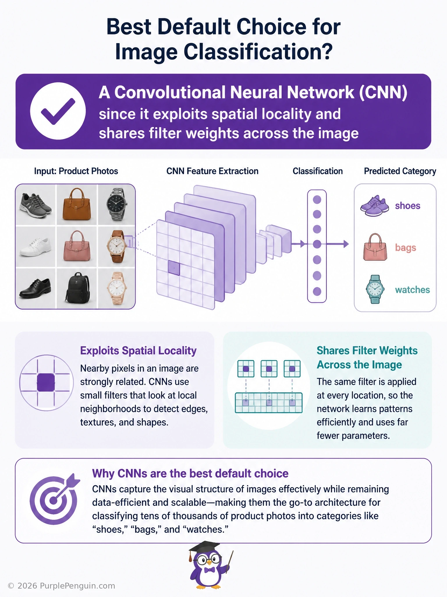 An infographic showing a product photo (a shoe) with a small sliding filter/kernel box moving across it detecting edges, feeding into stacked layers labeled 'edges -> textures -> parts -> full object', ending in classification labels 'shoes / bags / watches', title 'Convolutional Neural Network for Image Classification'.