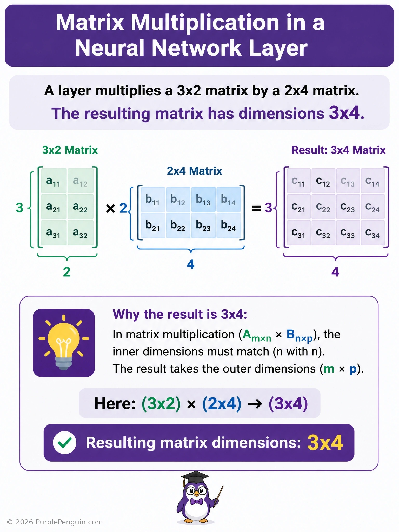 A matrix multiplication diagram showing a 3x2 matrix and a 2x4 matrix side by side, with the two matching inner dimensions (both '2') highlighted and cancelling out, and the two outer dimensions ('3' and '4') highlighted and carried forward into a resulting 3x4 matrix outline.