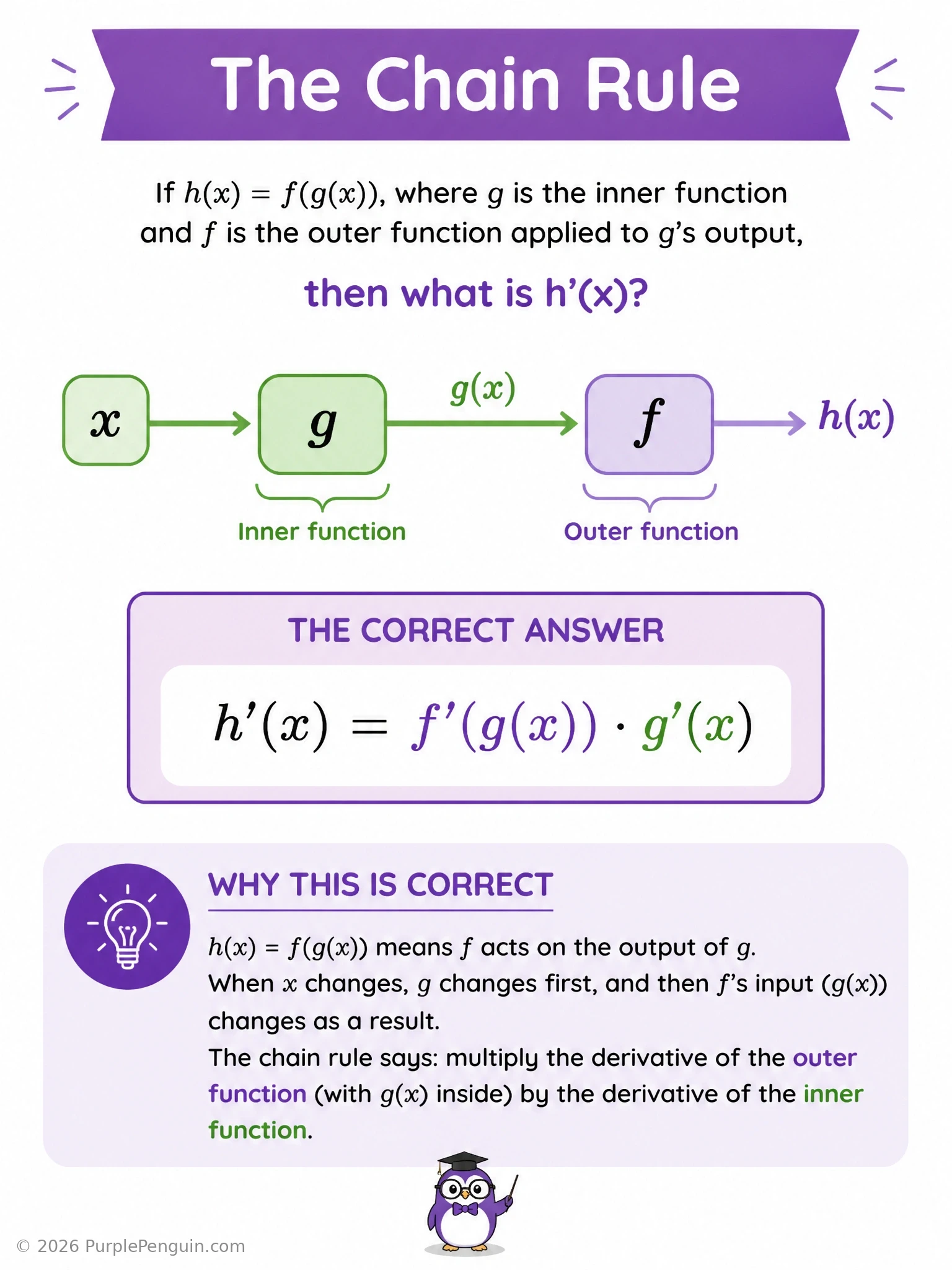 A layered diagram showing x flowing into g(x), then g(x) flowing into f, producing h(x). Arrows labeled with the local derivatives g'(x) and f'(g(x)) multiplying together along the path to form h'(x). Include a small neural-network analogy showing gradients flowing backward through stacked layers, each contributing a multiplicative local derivative.