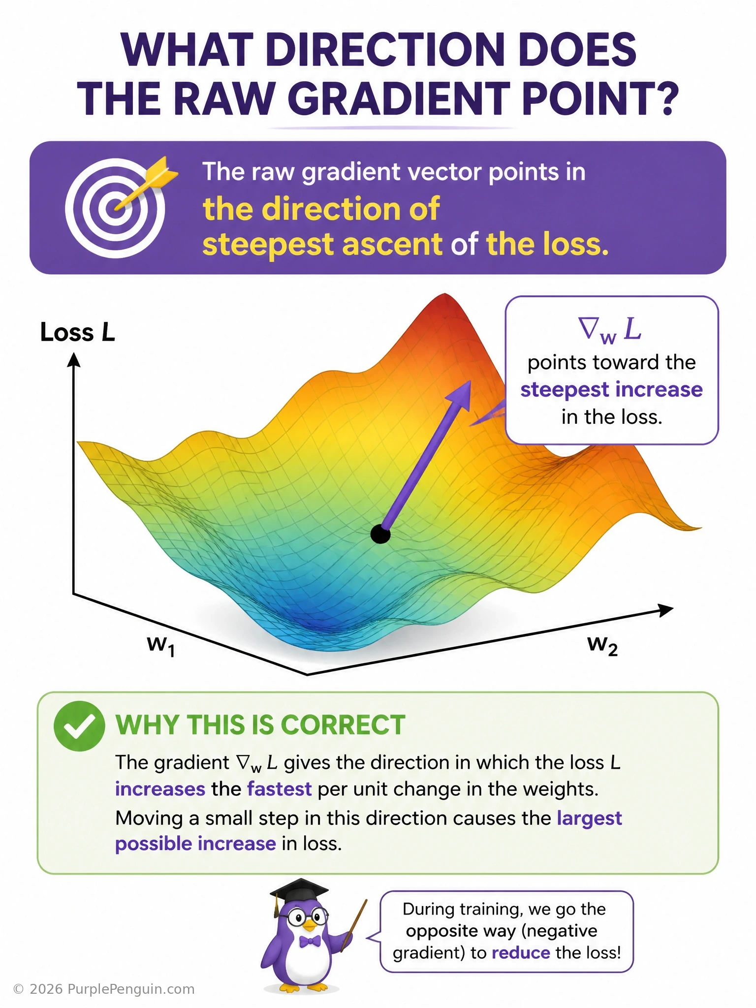 A 3D bowl-shaped loss surface with a point on its slope, an arrow pointing uphill labeled 'gradient: steepest ascent' and a second arrow pointing downhill toward the bowl's minimum labeled 'negative gradient: steepest descent, used by gradient descent'.