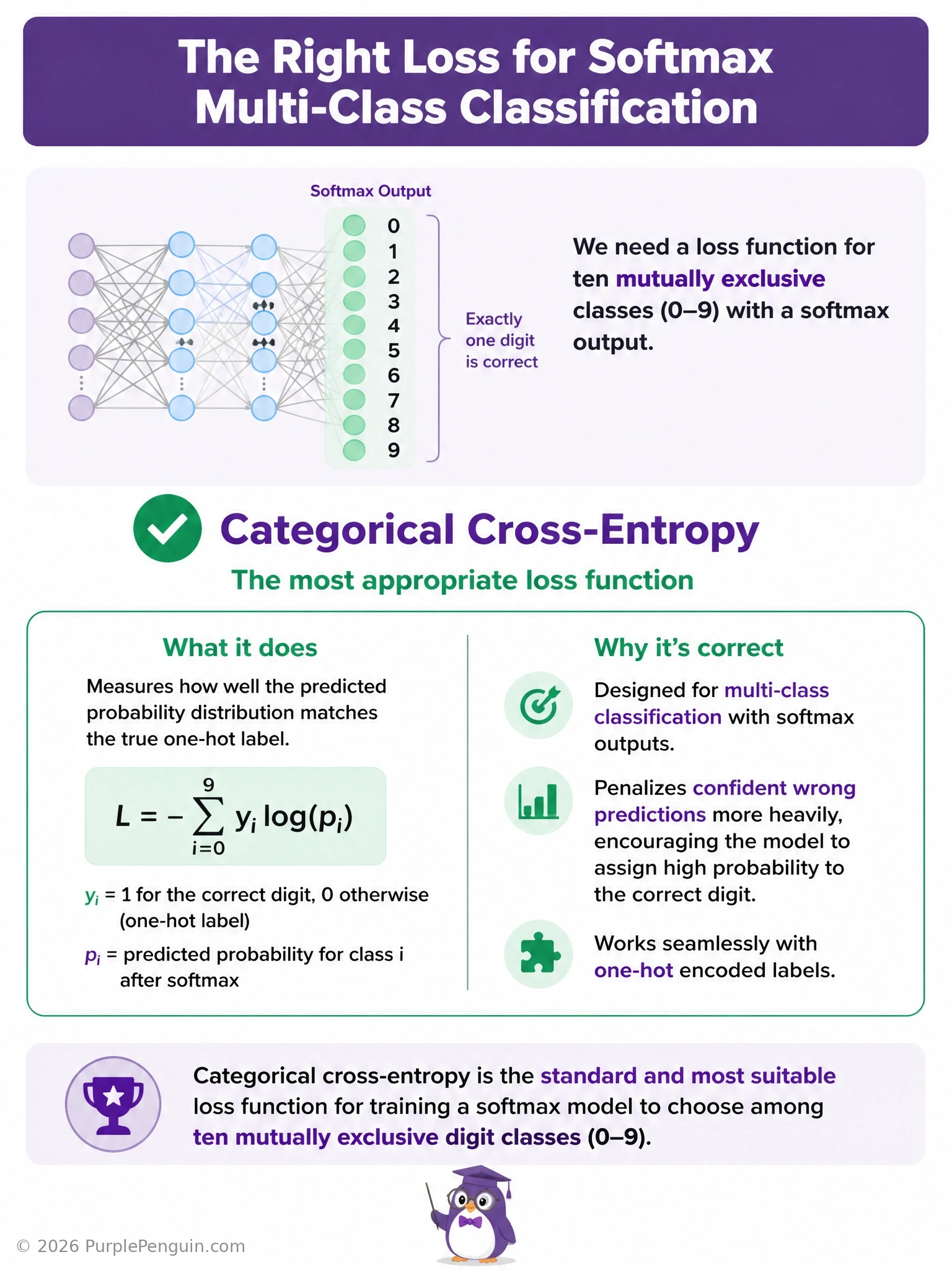 A diagram showing a softmax output layer producing ten probability bars (digits 0-9), with an arrow to a 'categorical cross-entropy' loss box comparing it against a one-hot true label vector, contrasted with grayed-out 'MSE / MAE / hinge loss' options labeled as mismatched.