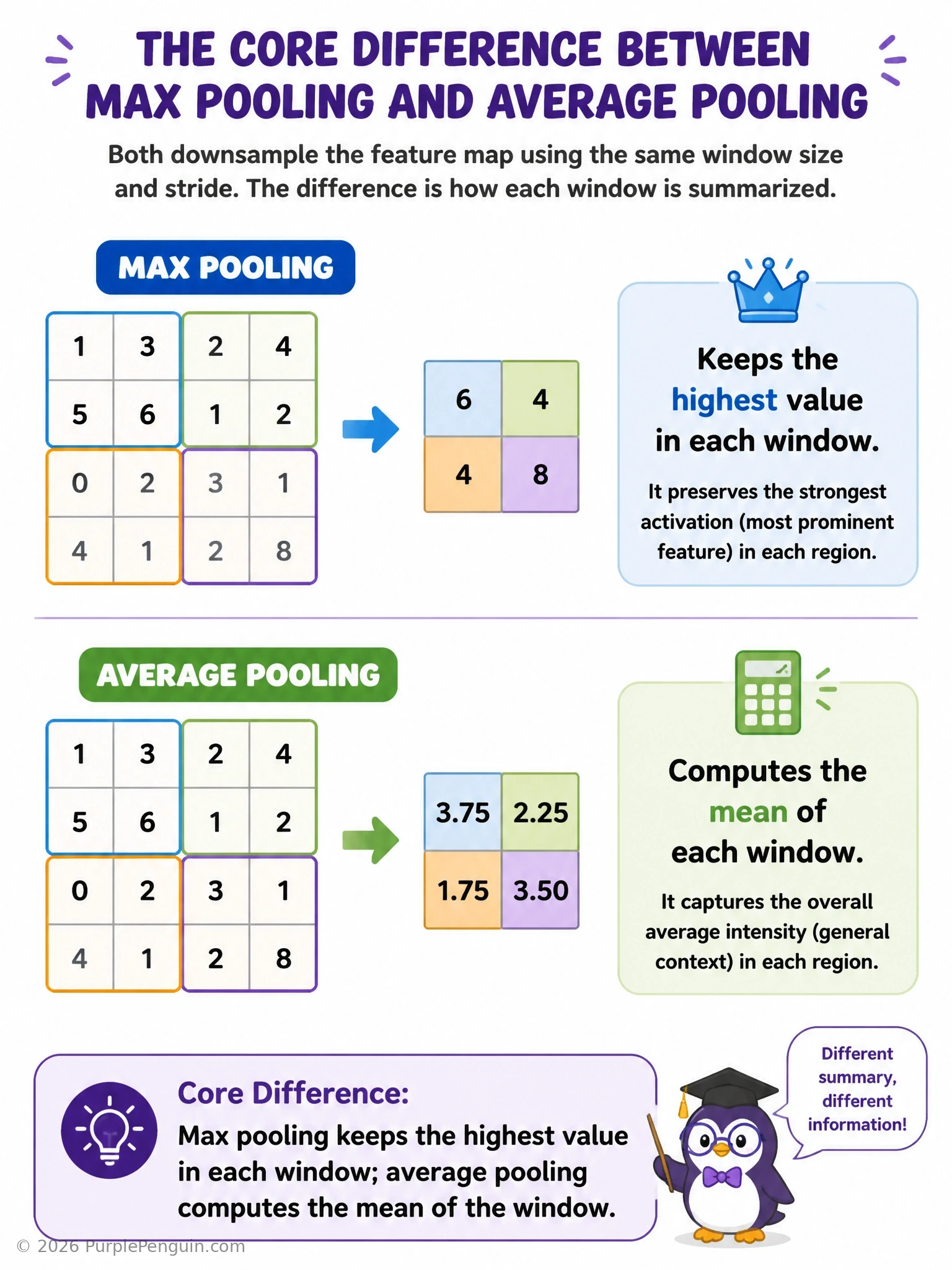 Show a small feature-map grid of numbers with a 2x2 window highlighted, branching into two outcomes: one showing max pooling extracting the single largest number, another showing average pooling computing the mean of the four numbers, with resulting smaller output maps for both.