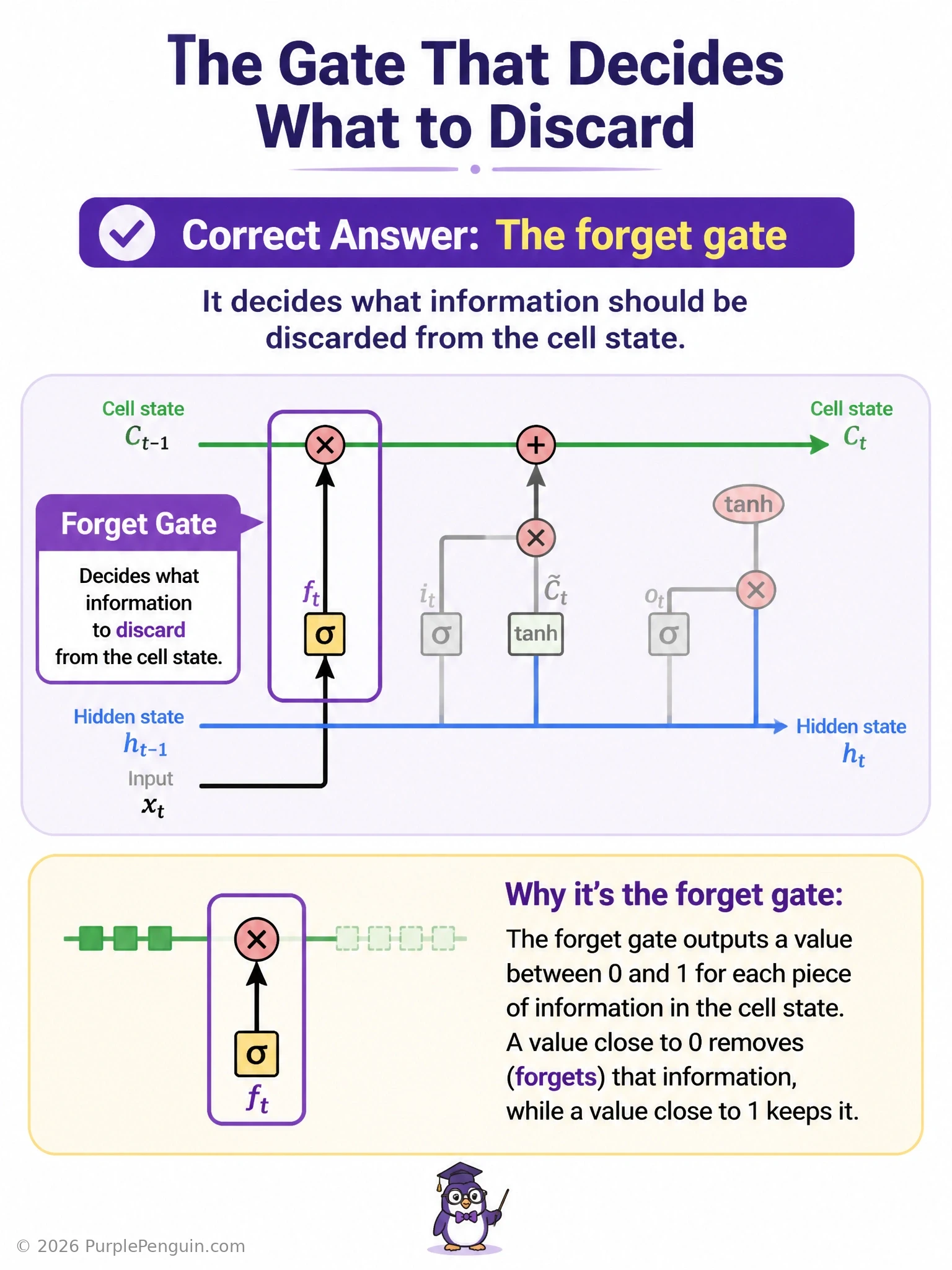 Show an LSTM cell diagram with three gates labeled clearly: forget gate (with an erase/trash icon feeding into the cell state), input gate (with a plus/write icon), and output gate (with an eye/reveal icon), highlighting the forget gate's role in removing information from the horizontal cell-state line running through the cell.