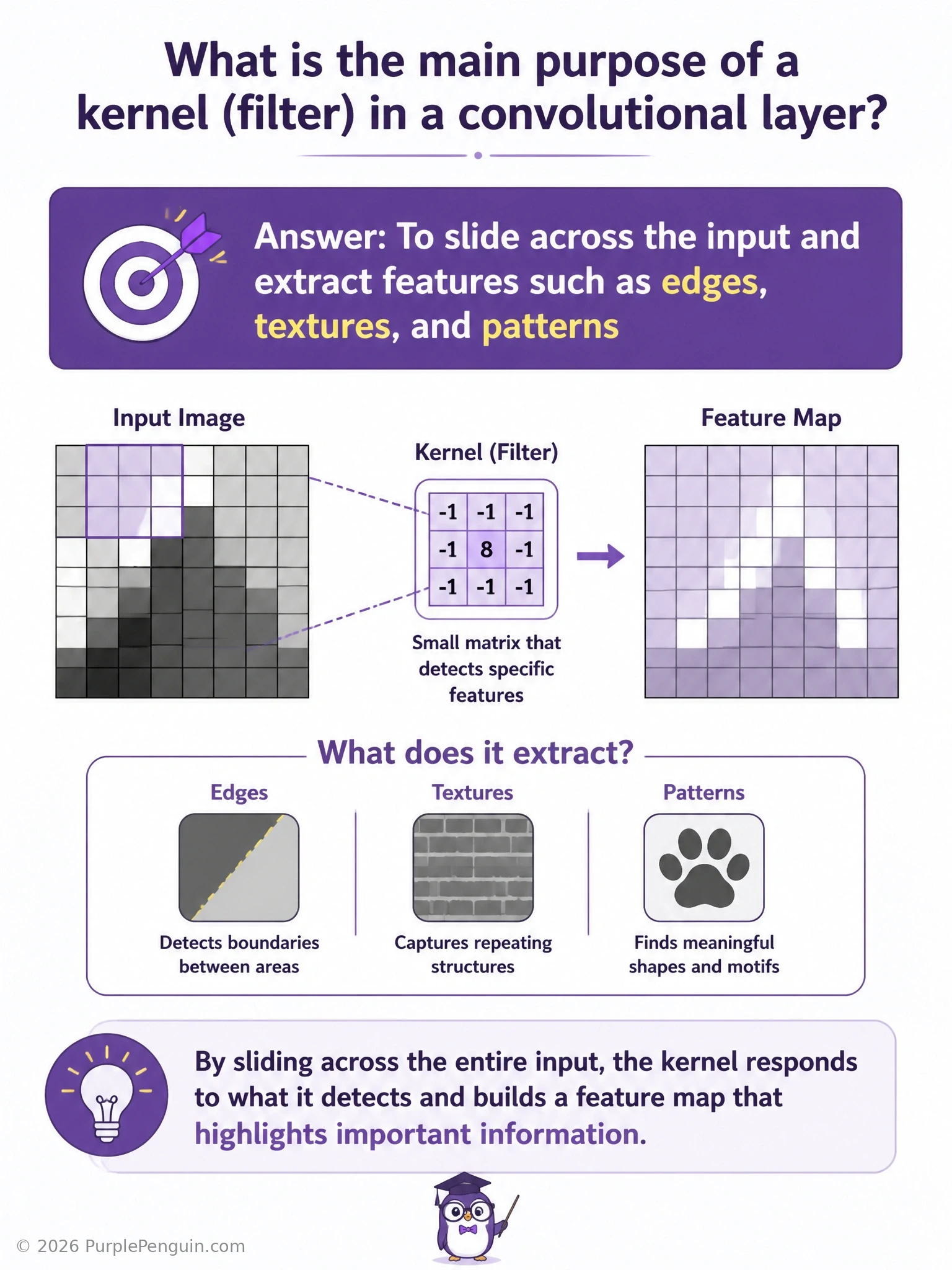 Diagram of a small filter grid sliding across an input image, with example output feature maps highlighting detected edges, textures, and patterns, and multiple filters shown producing multiple feature maps.