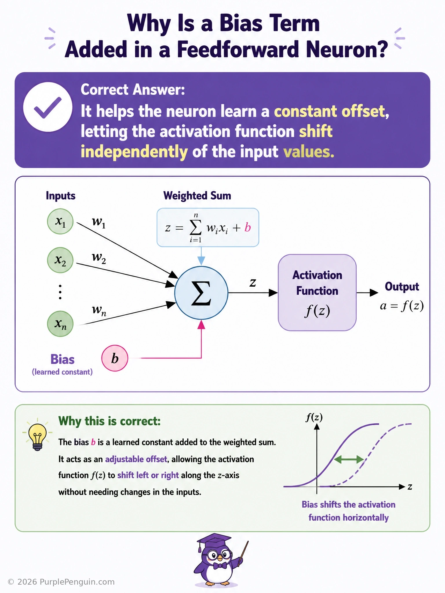 Diagram of a simple linear equation graph showing how a bias term shifts a line away from passing through the origin, alongside a neuron diagram with weighted inputs, a bias addition, and an activation function.