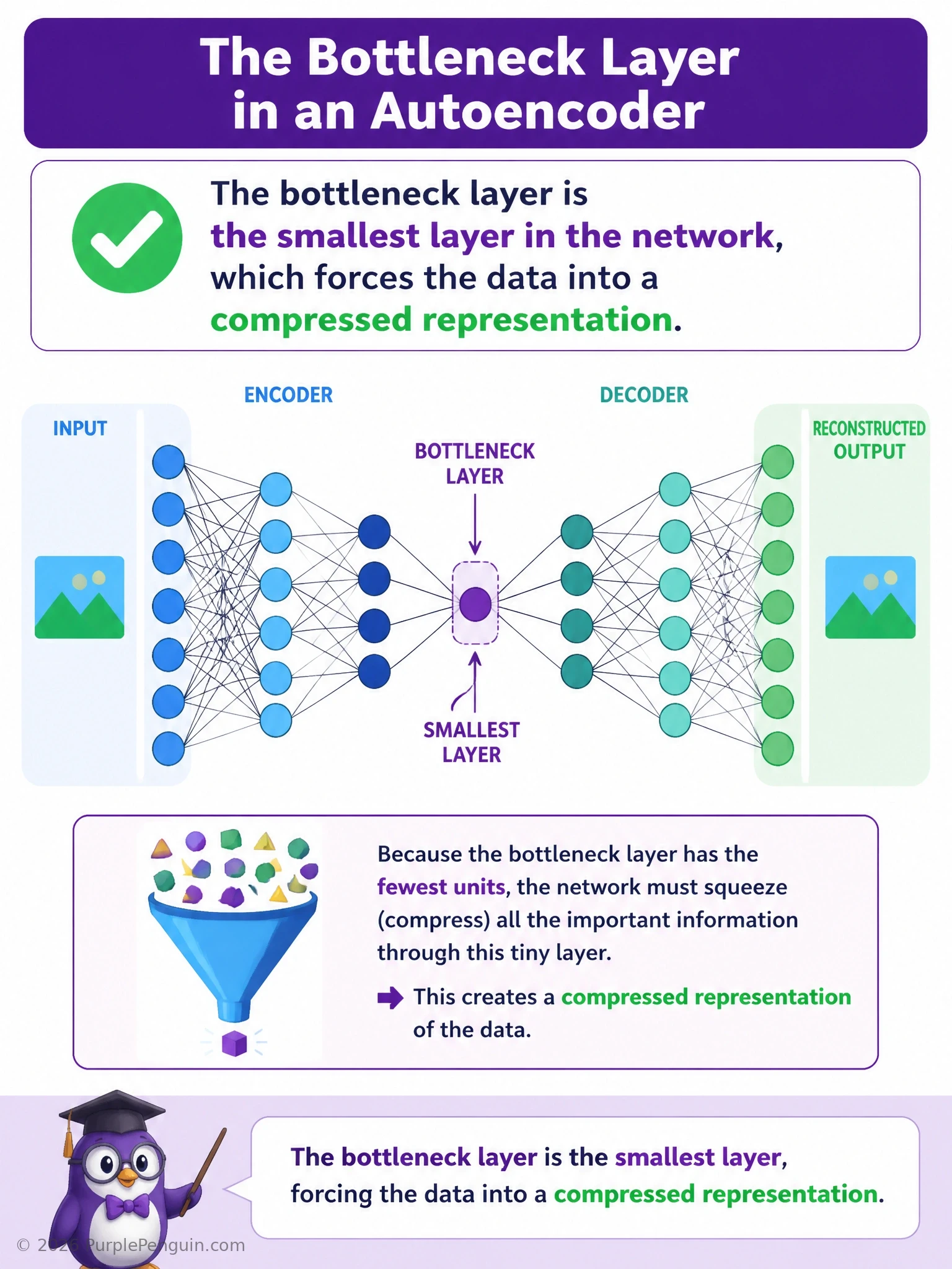 Diagram of an autoencoder with a wide input layer narrowing down through the encoder to a small bottleneck layer in the middle, then widening back out through the decoder to a reconstructed output of the same size as the input.