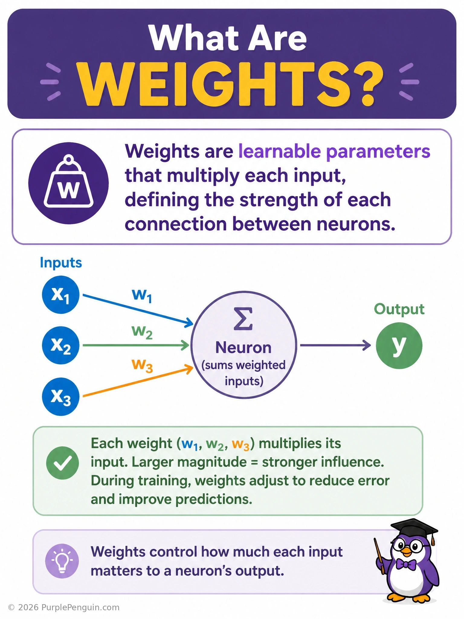 Diagram of two connected neurons with a weight value labeled on the connection between them, showing an input multiplied by that weight, summed with a bias, and passed through an activation function to produce the neuron's output.