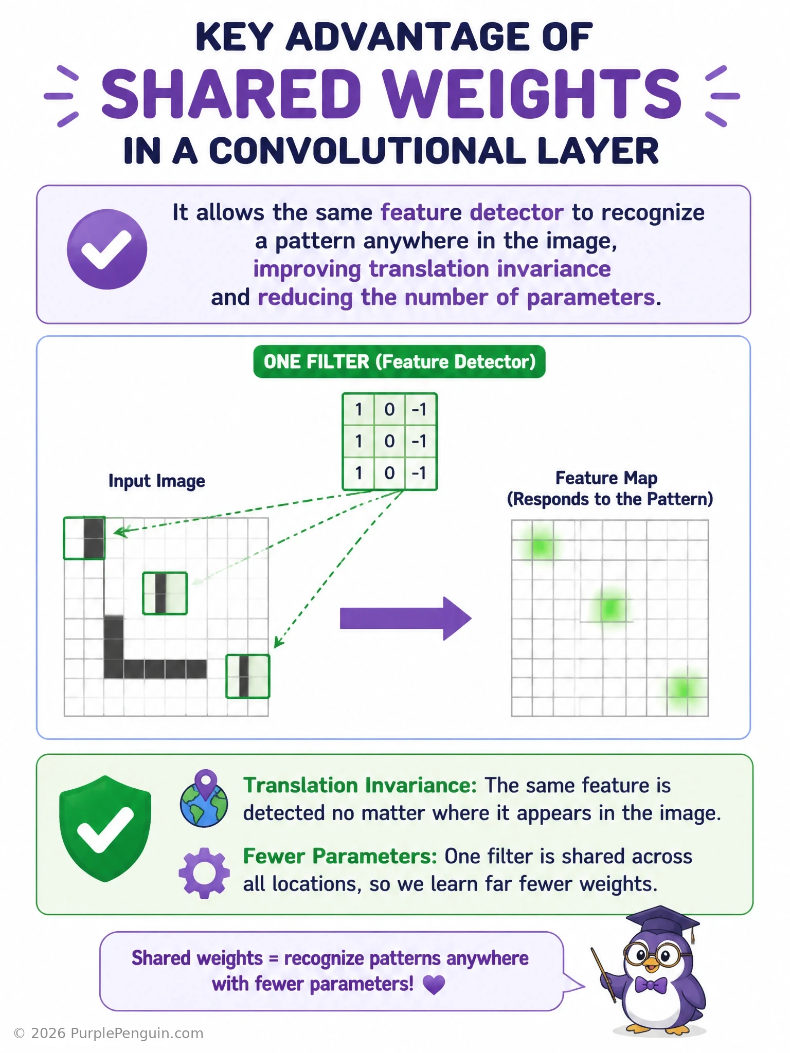 Diagram of a single convolutional filter with the same weights being applied (stamped) at multiple different positions across an input image, detecting the same feature pattern wherever it appears, contrasted with a fully connected layer requiring a unique weight per pixel.