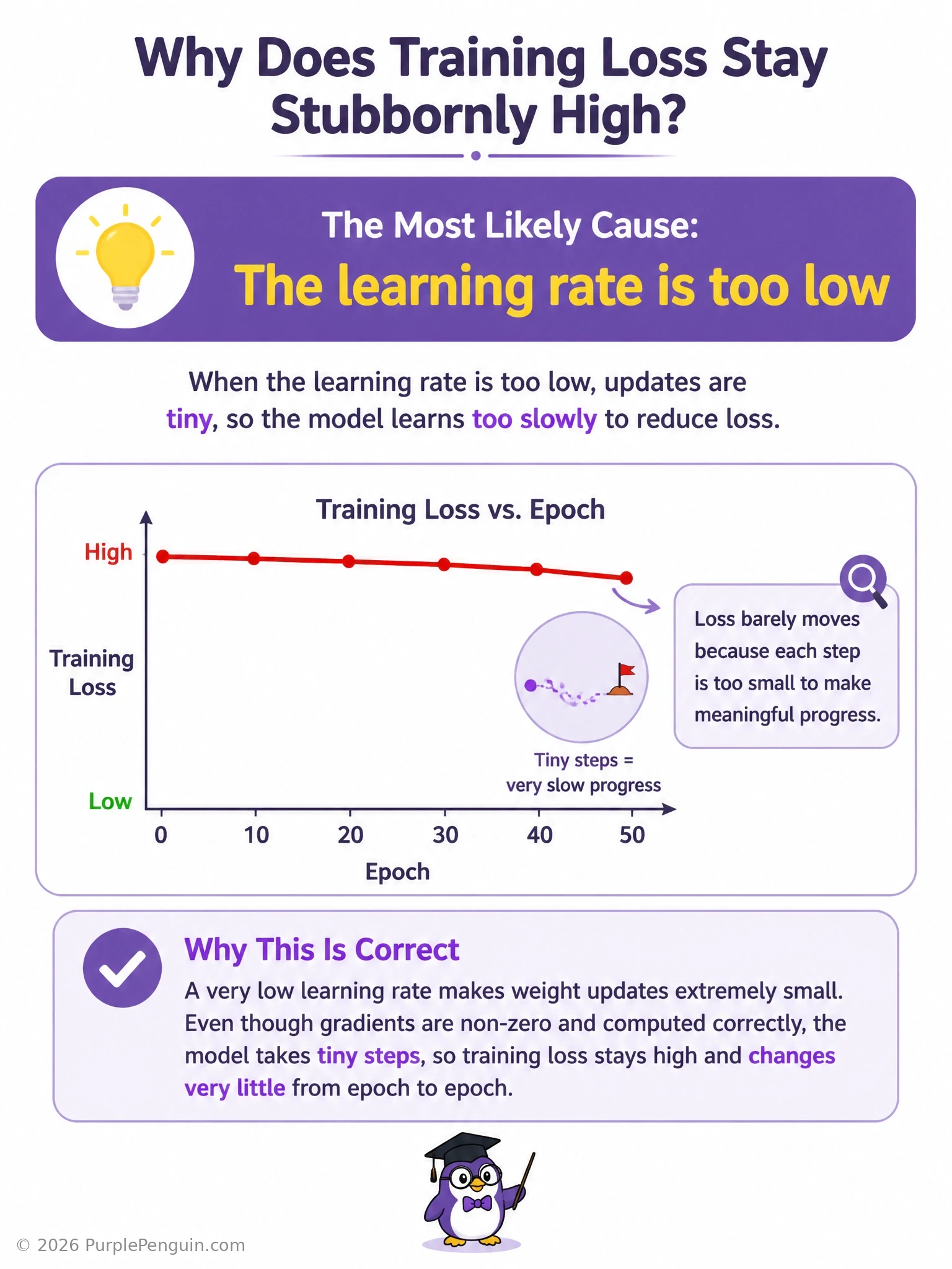 An infographic showing a flat, barely-declining loss curve labeled 'learning rate too low' next to a small-step staircase diagram illustrating tiny weight updates crawling toward a minimum. Include a comparison arrow showing a healthy, faster-declining loss curve with a properly sized learning rate.