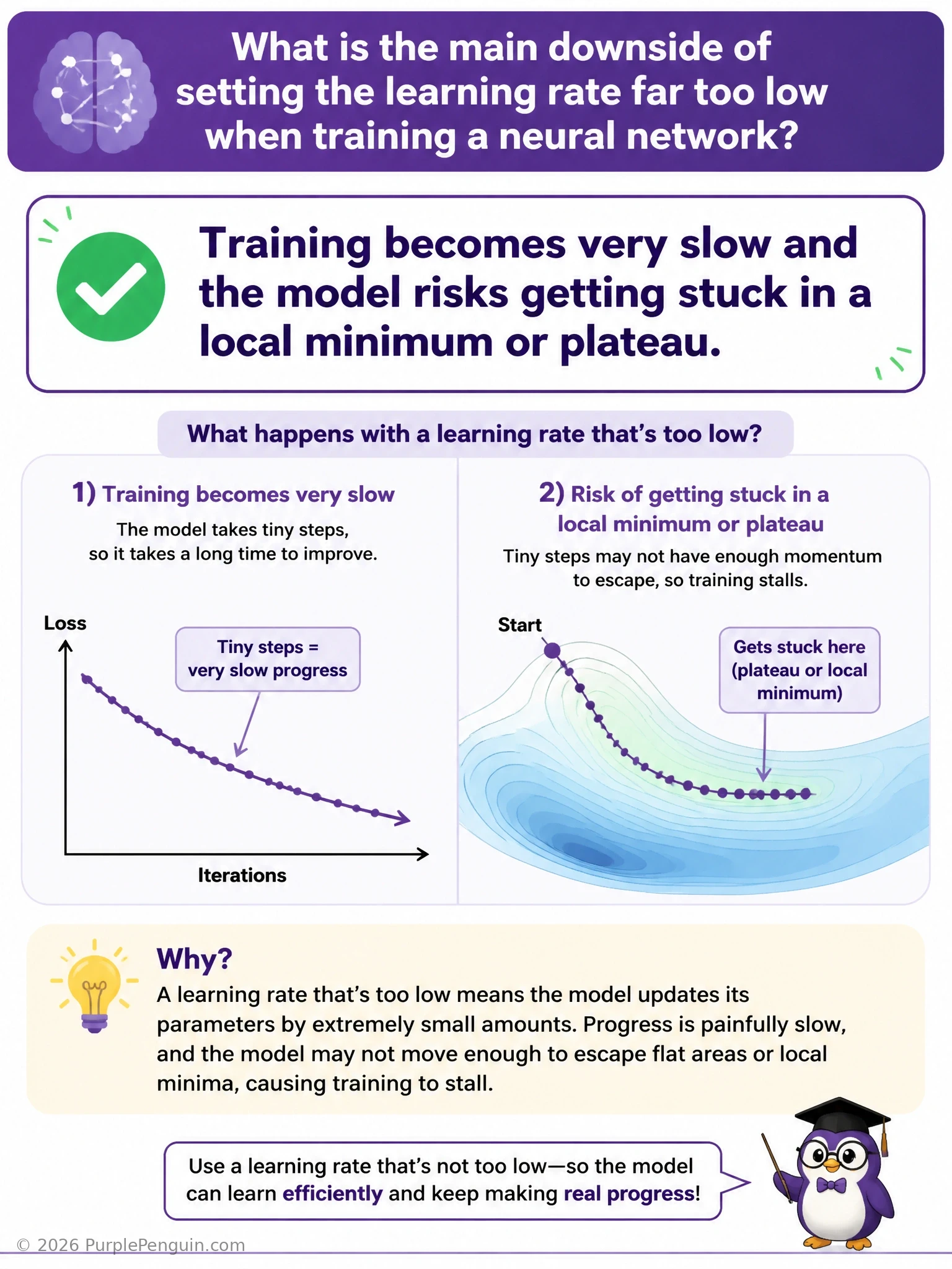 An infographic depicting a loss landscape (bowl-shaped surface) with a marker taking extremely tiny steps and getting trapped in a shallow local dip/plateau, labeled 'learning rate too low: slow progress, risk of getting stuck'. Contrast with a marker taking well-sized steps that reach the true minimum.
