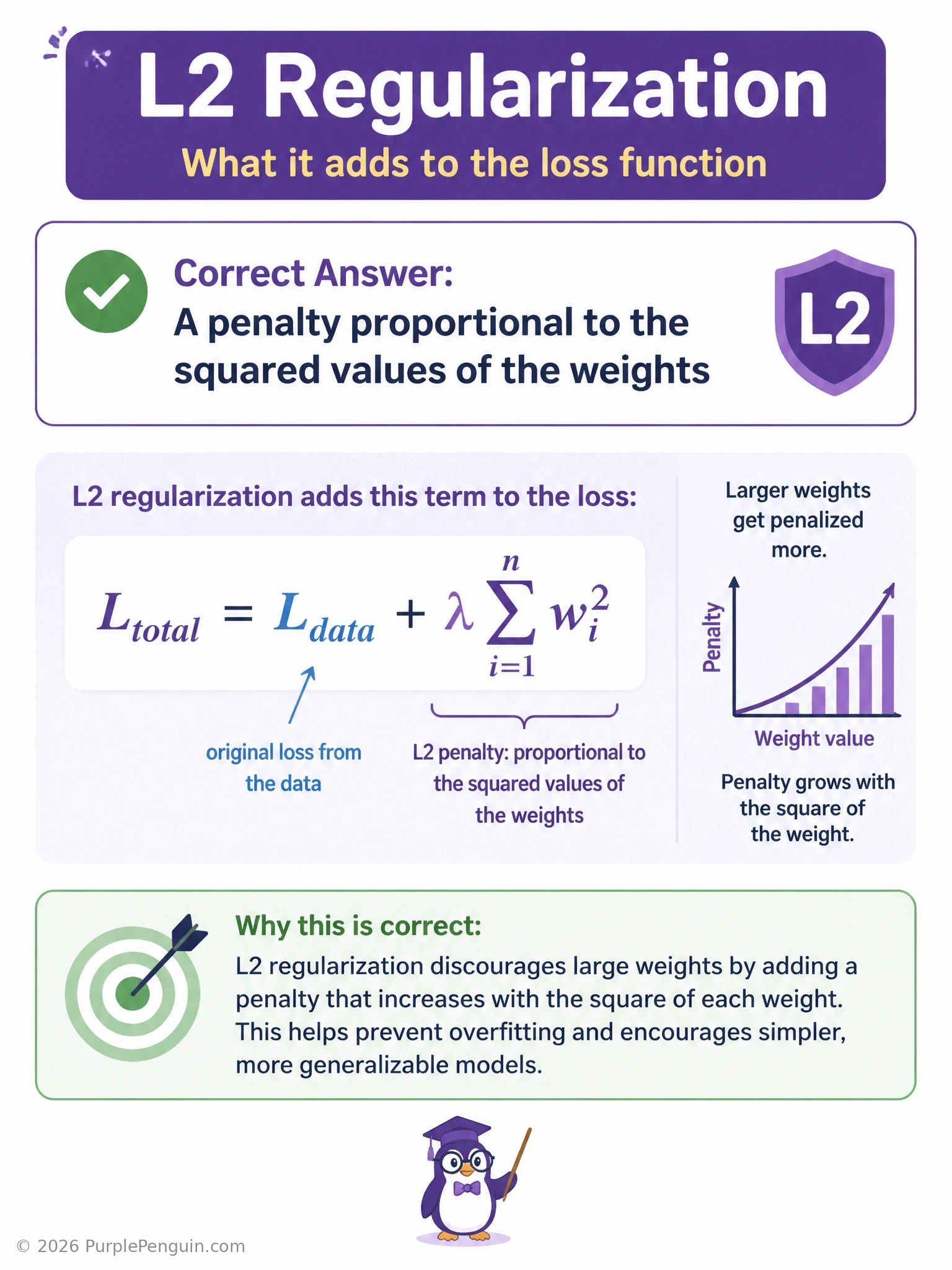 An infographic showing a loss function equation with an added squared-weights penalty term, next to a weight-magnitude bar chart shrinking toward zero (but not reaching it) as the penalty coefficient lambda increases. Optionally contrast briefly with L1's sparse, zeroed-out weight bars.