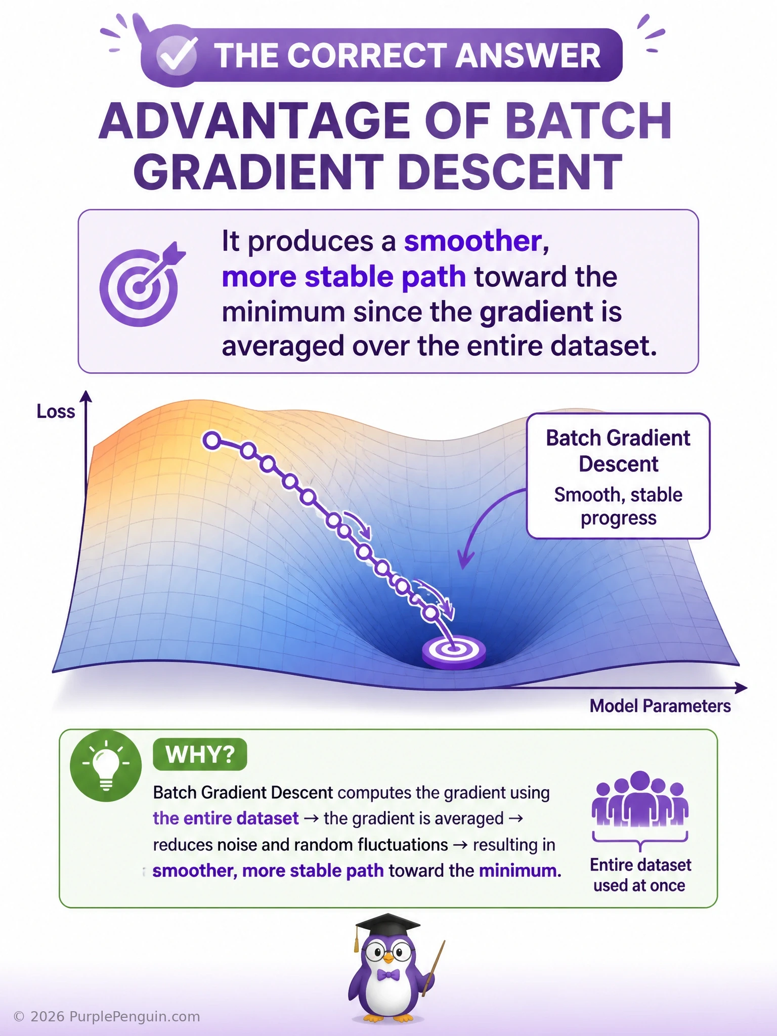 An infographic showing a smooth, steady descent path toward a loss minimum labeled 'batch gradient descent: averaged over full dataset, stable path' next to a jagged, zigzagging path labeled 'SGD: single-example updates, noisy path', highlighting the stability contrast.