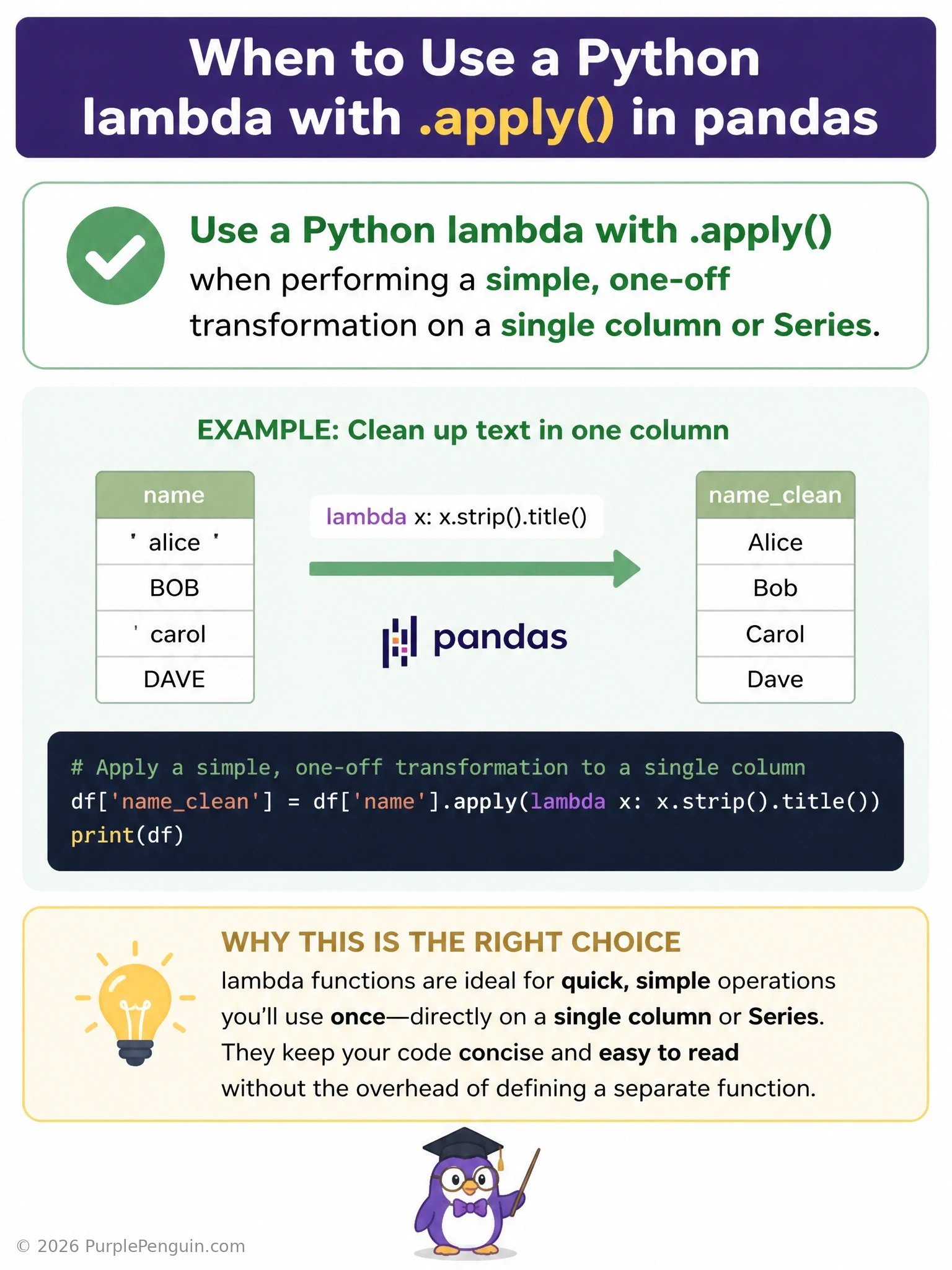 A pandas DataFrame column being transformed by a small lambda function icon (representing a quick inline operation like lowercasing or scaling), contrasted against a much larger, multi-box diagram representing a full model training pipeline, to show scale of appropriate use.