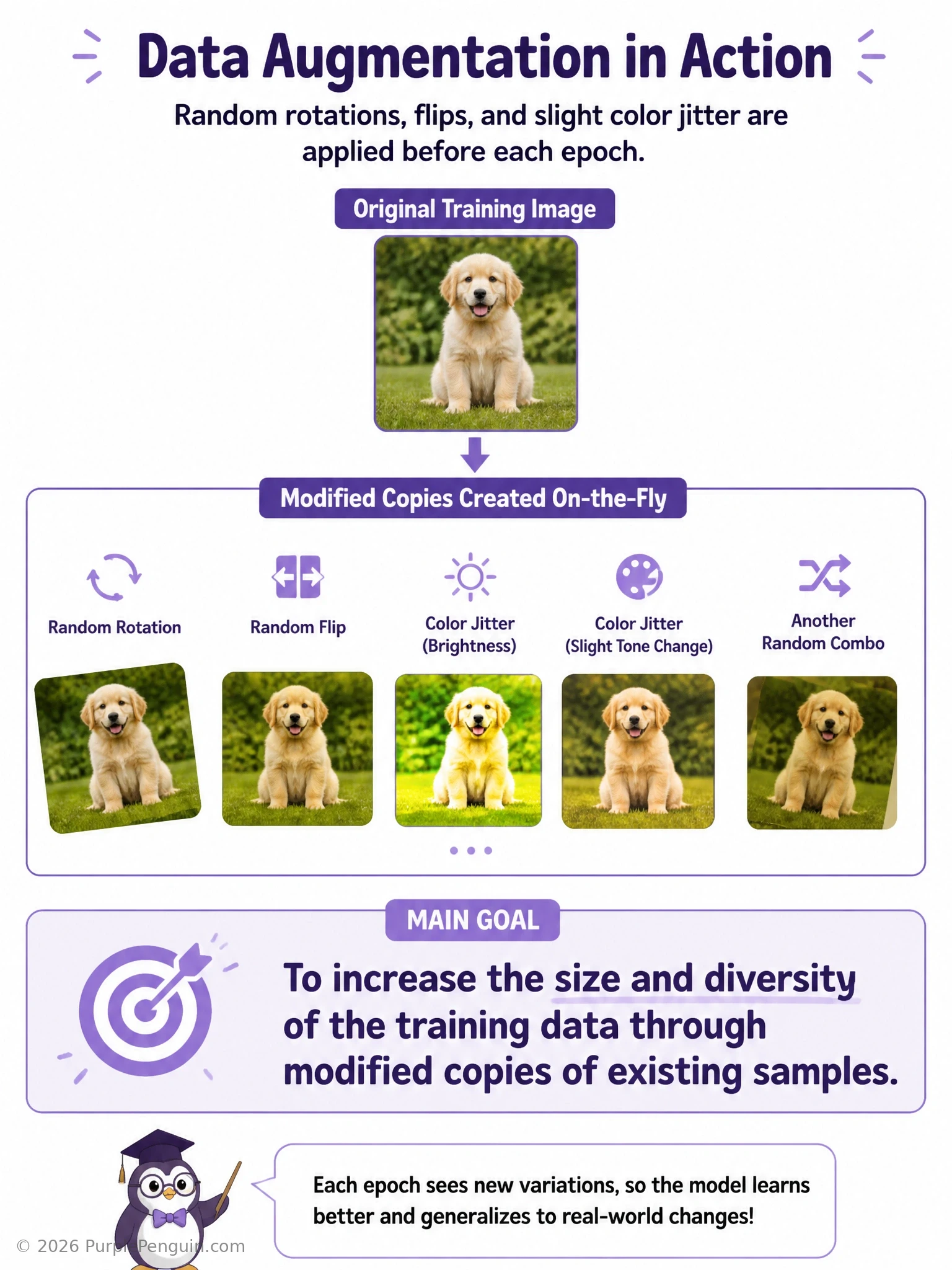 A single original training image at the center with multiple arrows radiating outward to several transformed copies showing rotation, horizontal flip, and color jitter variations, illustrating how one image becomes many diverse training samples.