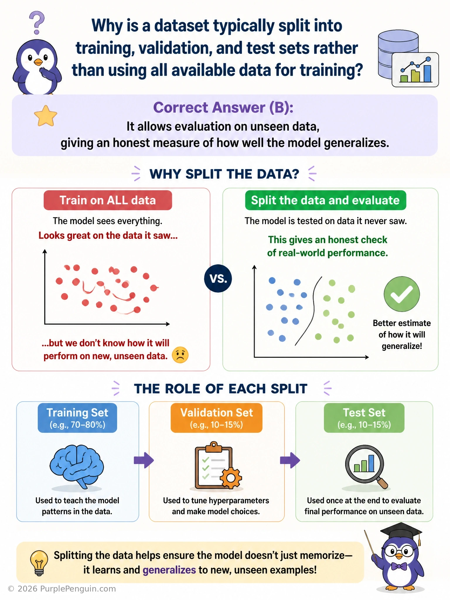 A single dataset being divided into three labeled buckets, training, validation, and test, with an arrow showing the trained model being evaluated against the untouched test bucket to produce an honest generalization score versus an inflated same-data score.