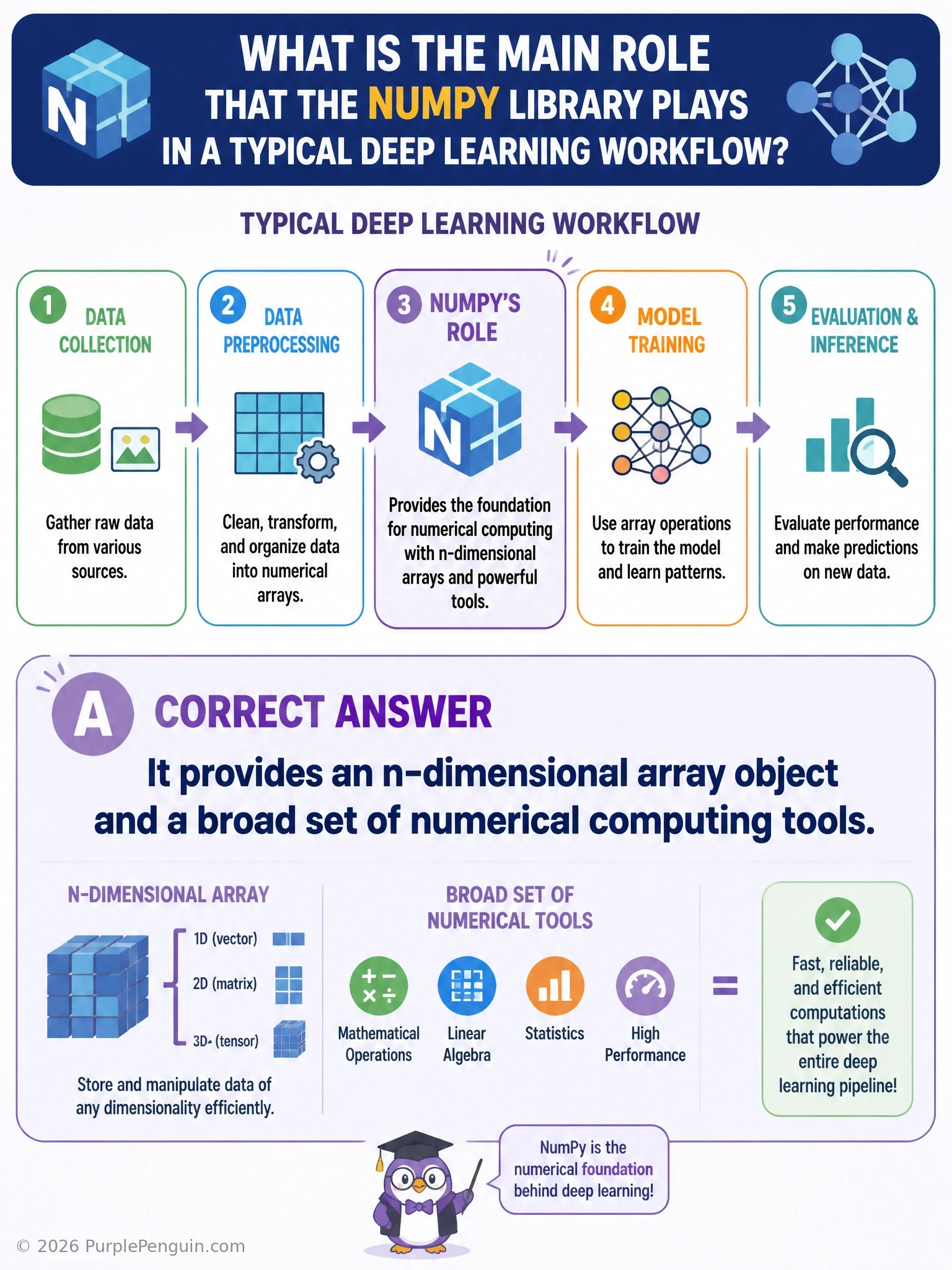 NumPy shown as a foundational layer of n-dimensional array boxes and numerical operation icons (sum, matrix multiply, reshape) sitting beneath higher-level deep learning framework icons like PyTorch and TensorFlow that are built on top of it.