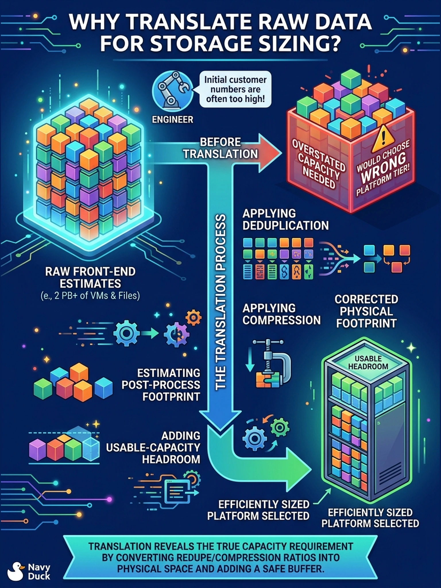 To Create an exciting colorful infographic that explains the concepts in the question: Question: A customer hands over raw front-end numbers at kickoff: 2 PB of VMs and file systems to protect, growing 30 percent a year, and expects one Data Domain system to hold it all. An engineer is about to choose a platform tier. Why must those raw front-end estimates be translated before a platform can be selected? Correct Answer: Because Data Domain sizing converts expected dedupe and compression ratios into a physical footprint, then adds usable-capacity headroom, so raw bytes overstate the capacity needed. Put EVERY visible label in double quotes. No people. No A/B/C/D letters. In one of the four corners put a little "Navy Duck".