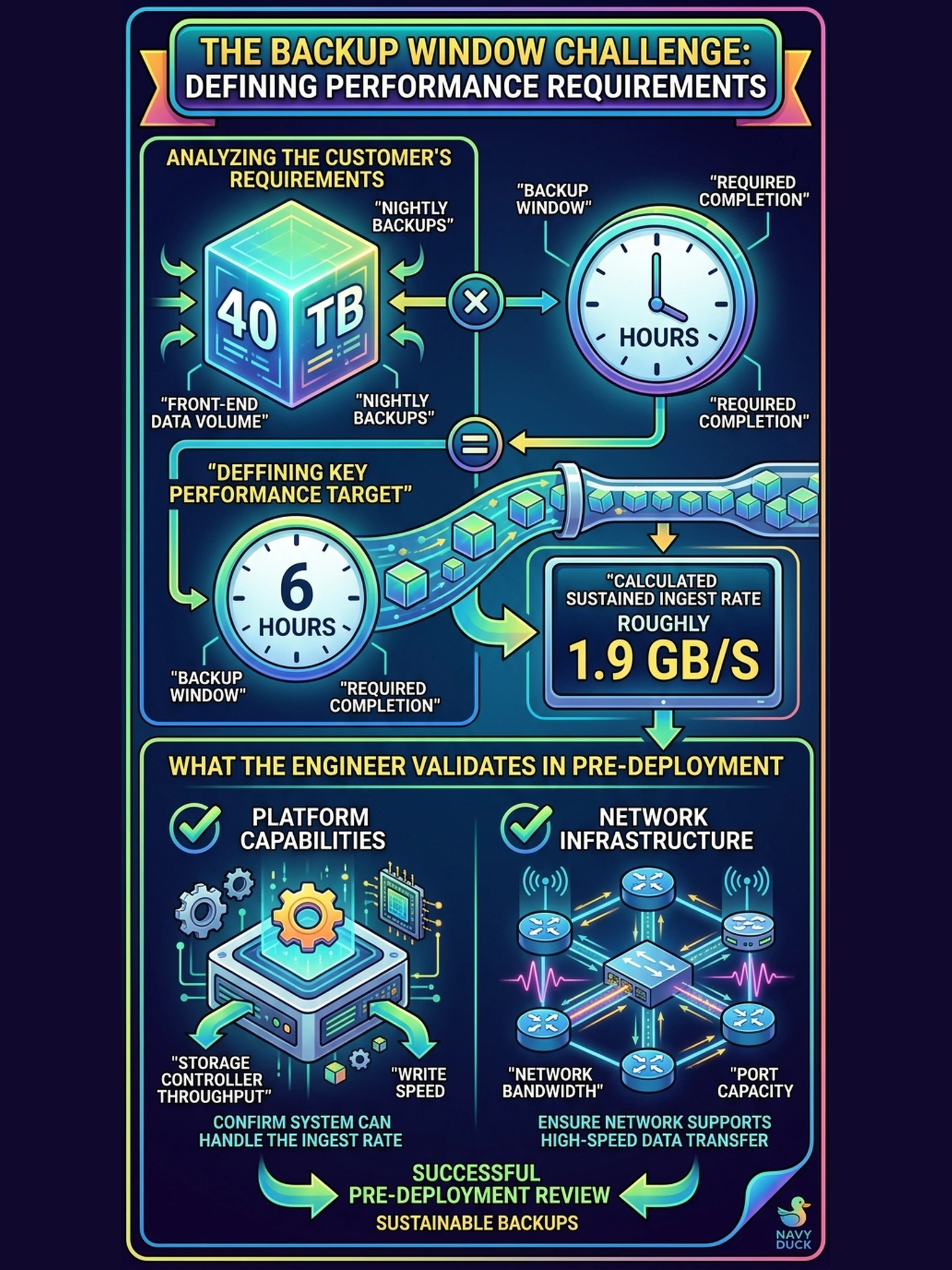 To Create an exciting colorful infographic that explains the concepts in the question: Question: The customer's backup administrator states that nightly backups of 40 TB of front-end data must complete inside a six-hour window. The new Data Domain appliance looks comfortable on capacity alone. What does that backup window tell the engineer during the pre-deployment review? Correct Answer: It defines a required sustained ingest rate of roughly 1.9 GB/s, so the platform and network must be validated against that throughput, not just against raw capacity. Put EVERY visible label in double quotes. No people. No A/B/C/D letters. In one of the four corners put a little "Navy Duck".