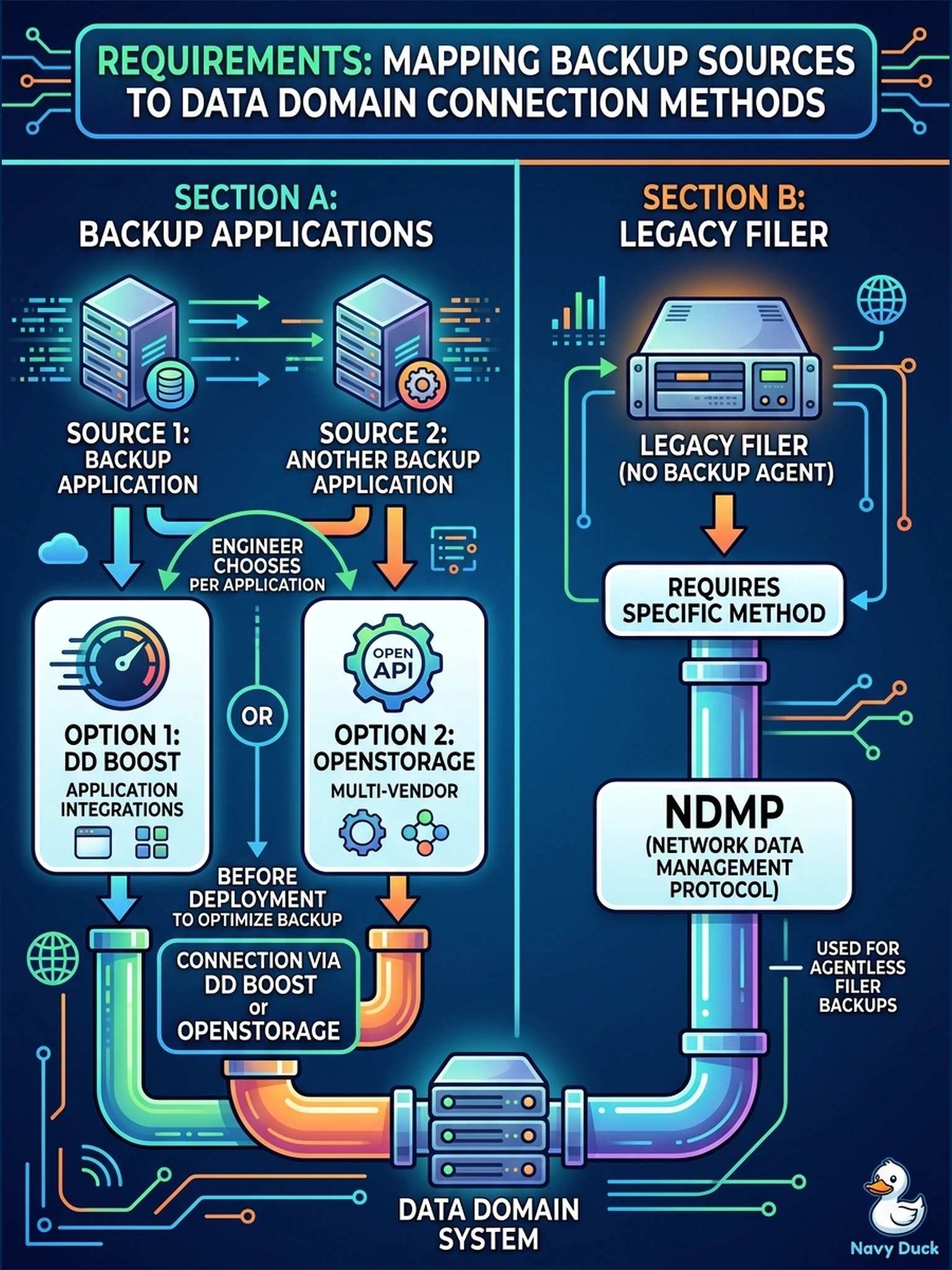 To Create an exciting colorful infographic that explains the concepts in the question: Question: A requirements interview finds that backups will come from NetBackup, from Veeam, and from a legacy NetApp filer that runs no backup agent. The engineer must record which Data Domain connection methods each source needs. Which mapping belongs in the design? Correct Answer: DD Boost or OpenStorage for the backup applications and NDMP for the filer, chosen per application before deployment. Put EVERY visible label in double quotes. No people. No A/B/C/D letters. In one of the four corners put a little "Navy Duck".