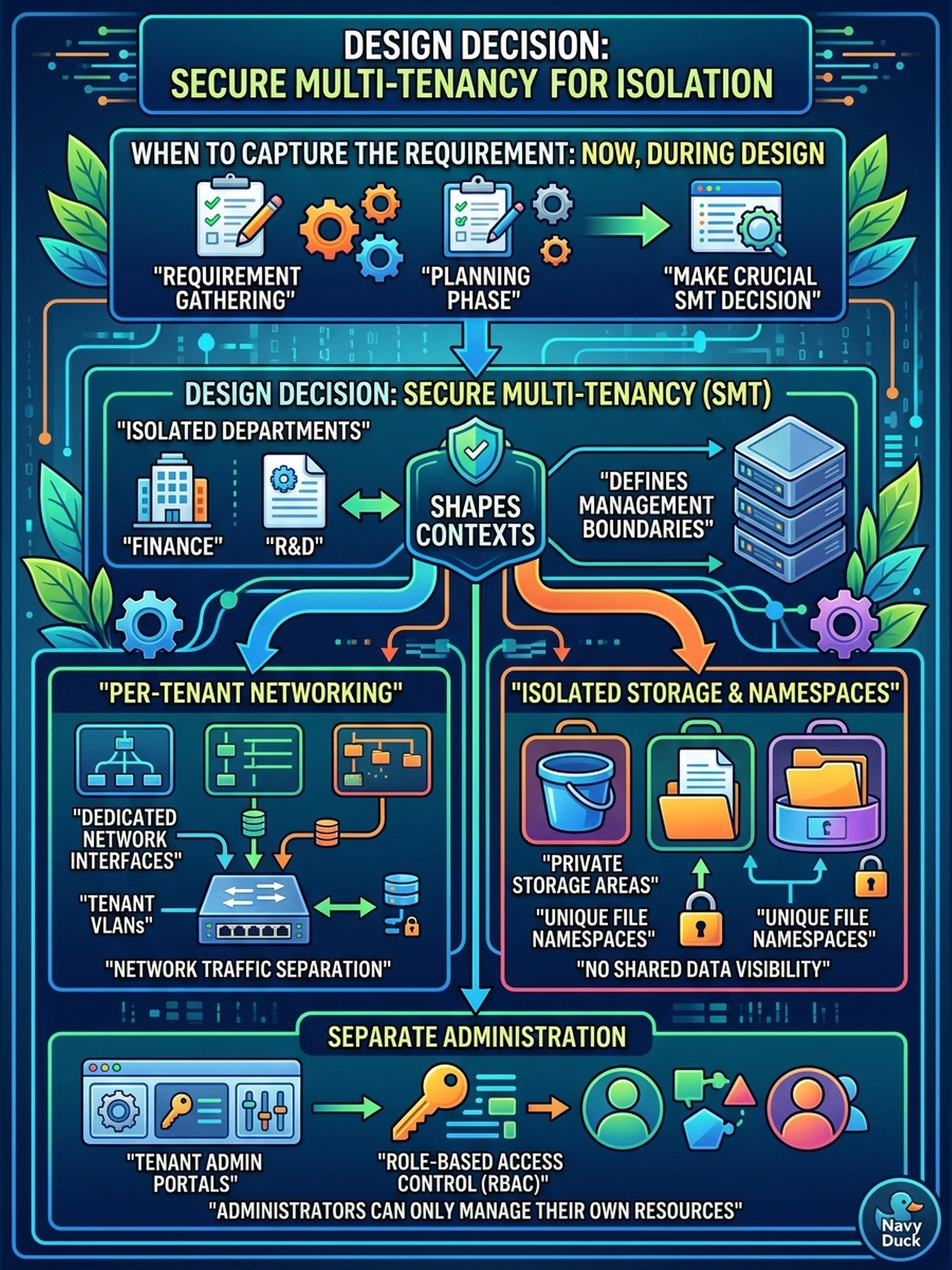 To Create an exciting colorful infographic that explains the concepts in the question: Question: Two departments will share one new Data Domain system, but the security review requires that neither can see or address the other's data, namespaces, or administration. When should the engineer capture this requirement, and what design decision does it drive? Correct Answer: Now, during design, as a Secure Multi-Tenancy decision, because SMT shapes contexts, per-tenant networking, storage, and administration from the start. Put EVERY visible label in double quotes. No people. No A/B/C/D letters. In one of the four corners put a little "Navy Duck".