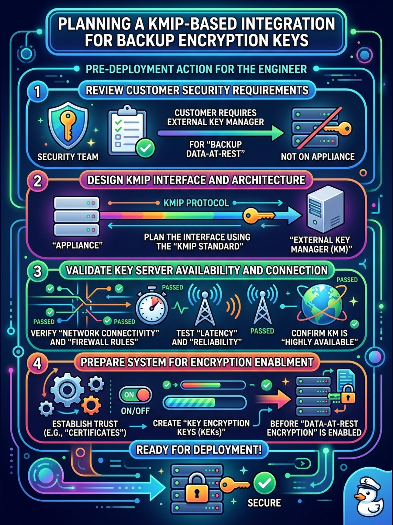 To Create an exciting colorful infographic that explains the concepts in the question: Question: During the security requirement review, the customer's security team demands that the encryption keys protecting backup data at rest be held in their own external key manager rather than on the appliance. What is the correct pre-deployment action for the engineer? Correct Answer: Plan and validate a KMIP-based integration with the customer's key manager, including key-server availability, before data-at-rest encryption is enabled. Put EVERY visible label in double quotes. No people. No A/B/C/D letters. In one of the four corners put a little "Navy Duck".